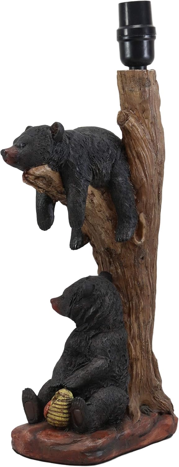 Ebros Wildlife Rustic Cabin Lodge Decor Whimsical Lazy Days of Summer 2 Black Bears Napping On Tree Branch and Snacking Honey Table Lamp Statue with Shade 22" High Forest Bear Family Desktop Lamps
