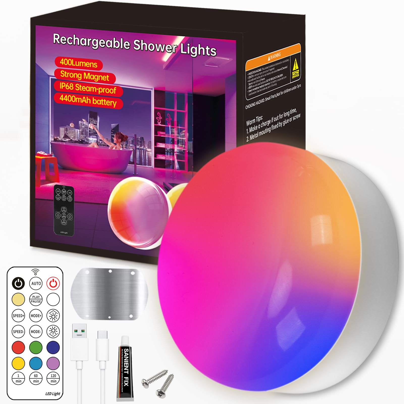 Magastar IP68 Rechargeable Shower Lights with Remote, 4400mAh Long Battery Life,400 LM,3CCT White &amp; 16 RGB Colors,3 Timers,Waterproof Inside Shower Lamp or Bathroom, Bedroom, Party Mood Lighting