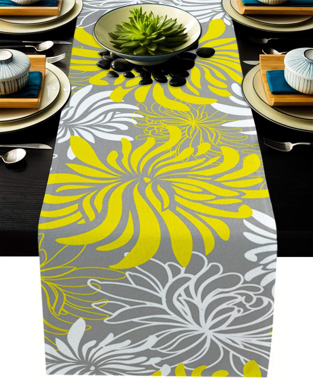 Floral Table RunnerYellow Gray White Cotton LinenLong 72