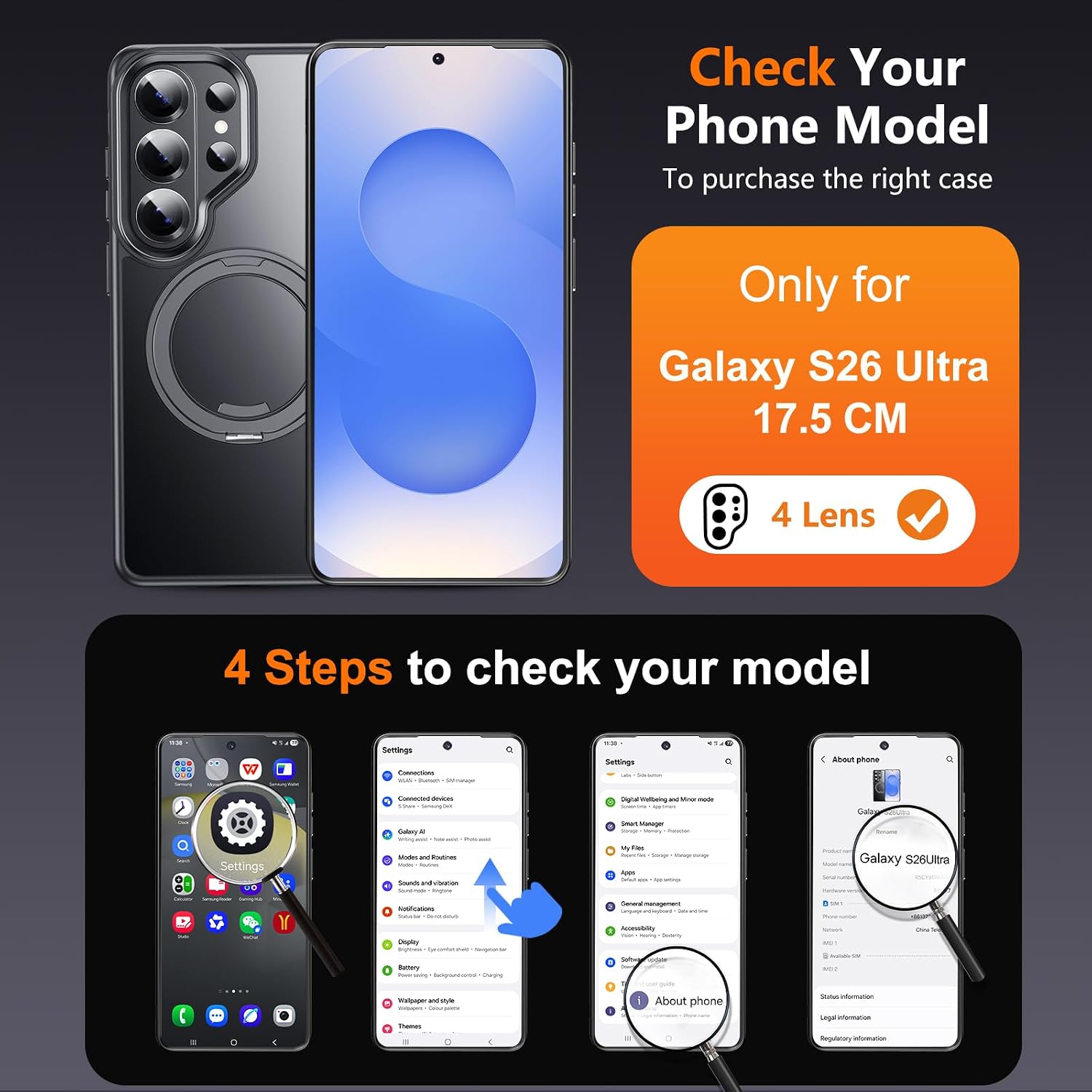 for Samsung Galaxy S26 Ultra Case, 360 Rotating Magnetic Metal Stand MagSafe Shockproof Compatible Camera Control Button Semi-Transparent Matte Black