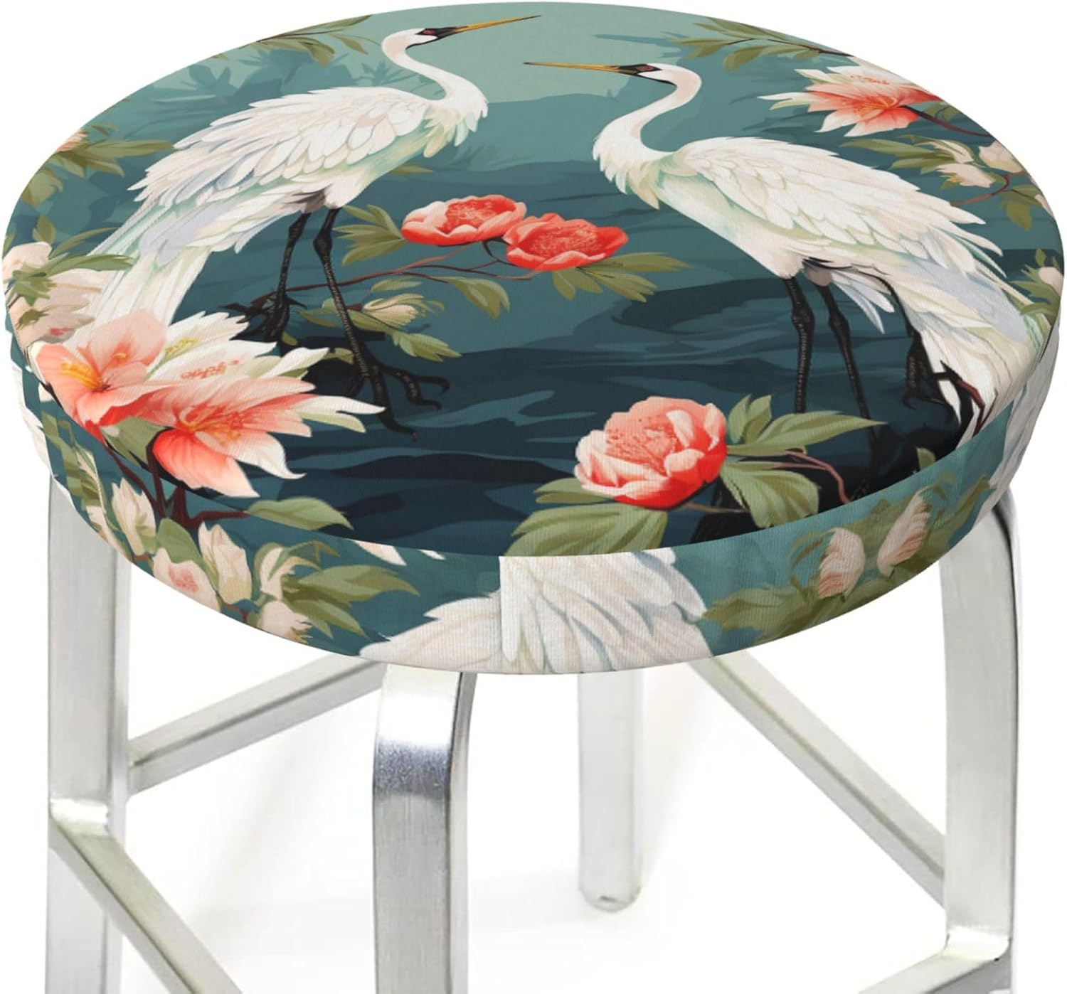 Bar Stool Cover Round Elastic Stool Cushion Covers Red Heads Cranes Bar Chair Cover Washable Stool Cushion Slipcover Stretch Stool Seat Covers for 12-14 Inch Chair