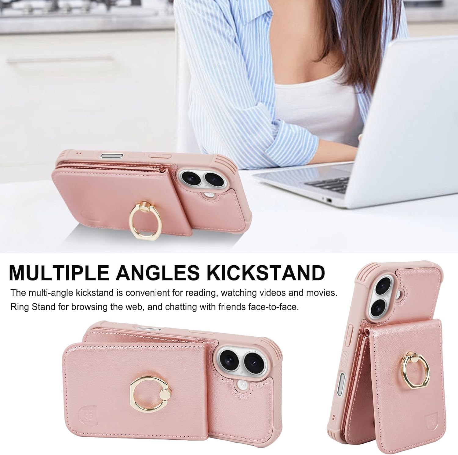 VANAVAGY Compatible for iPhone 16 Plus Wallet Case with Credit Card Holder Coin Pocket [360° Rotation Ring Kickstand], PU Leather Magnetic Clasp Phone Case for Women Men 6.7 Inch, Rose Gold