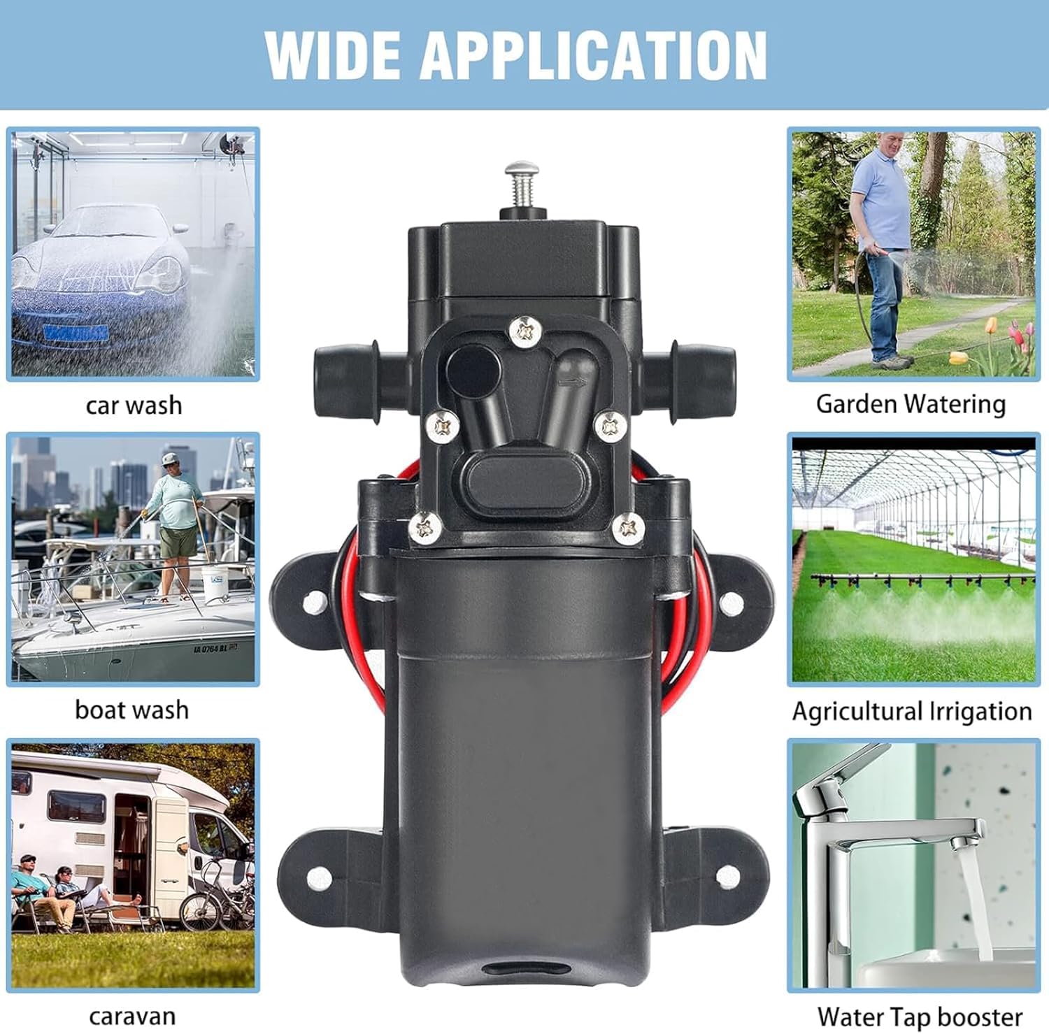 Pompe à eau haute pression DC 12V, Pompe à membrane auto amorçante, 70W 0,9MPa 4-6 L/min Pompe à eau à membrane haute pression à amorçage automatique pour camping car, bateau, jardin
