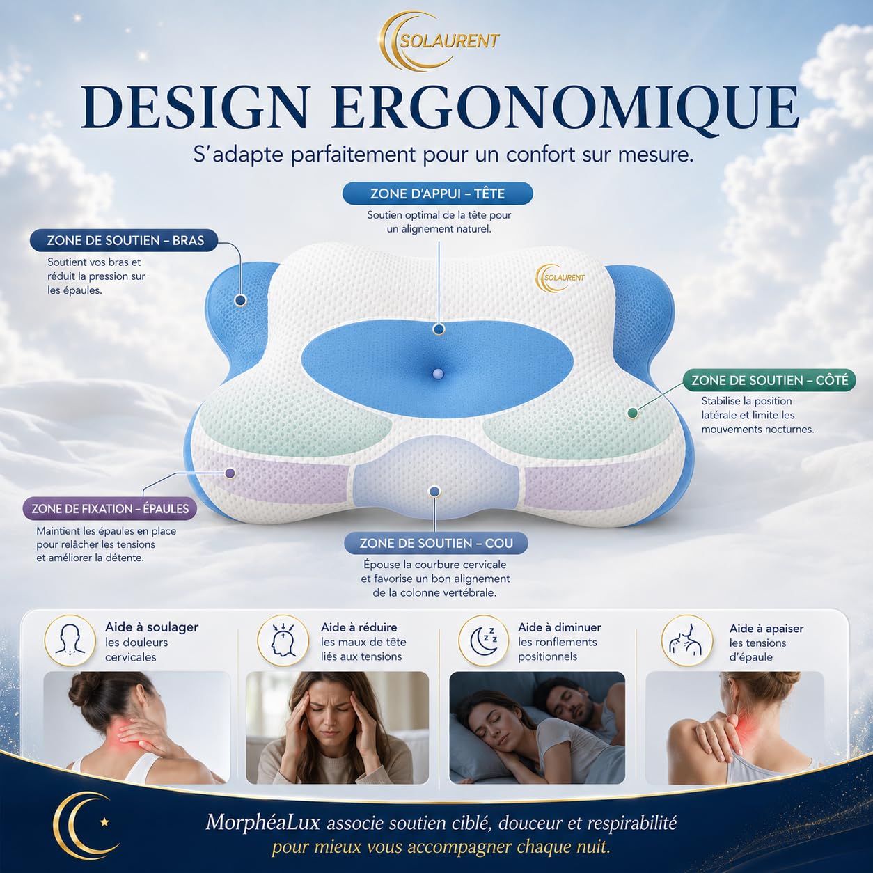 MorphéaLux® Oreiller Ergonomique Cervical Anti-Douleur, Coussin Nuque Orthopédique, Forme Papillon Toute Position, Anti-Ronflement et Apnée Positionnelle