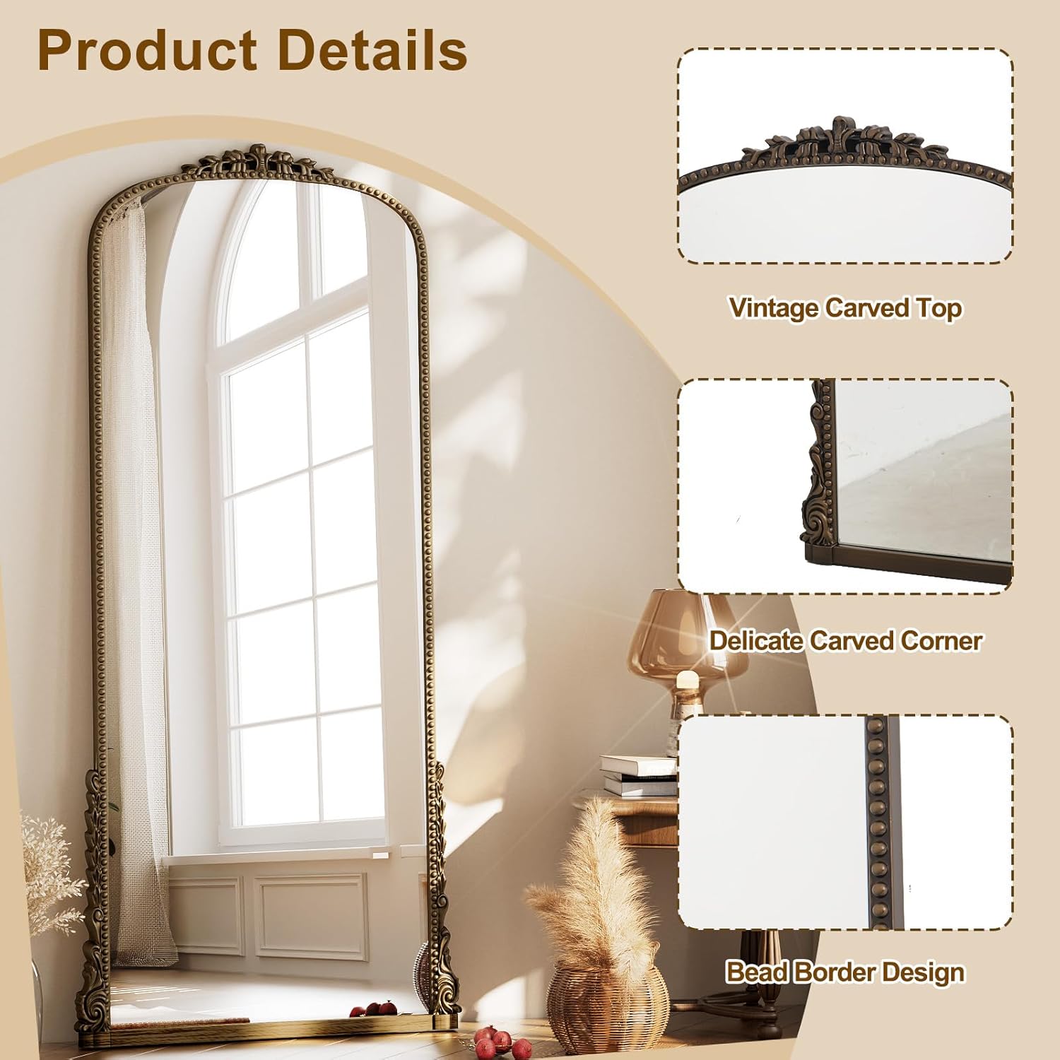 Arched Full Length Mirror, 28'' x 69'' Bronze Floor Body Mirror with Stand, Vintaged Elegant Carved Frame Mirror Full Length for Wall Decor, Living Room, Bedroom, Cloakroom, Entryway
