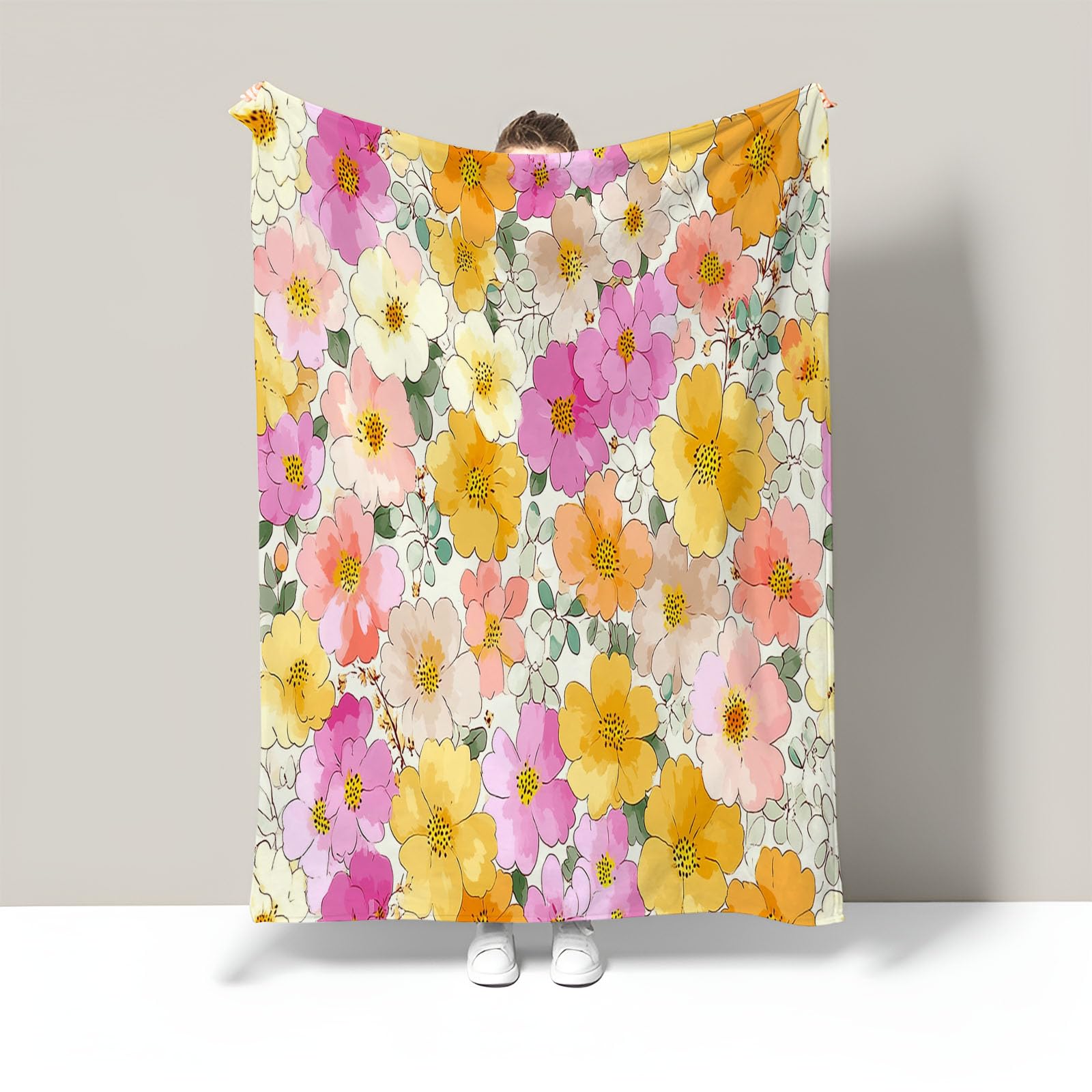 Manta De Flores Pintadas A Mano, Manta Ligera De Forro Polar con Plantas Lindas para Niños Mujeres, Amarillo Claro Mantas De Franela Suaves, Sábana Cálida Adecuada para Invierno, 220X240Cm
