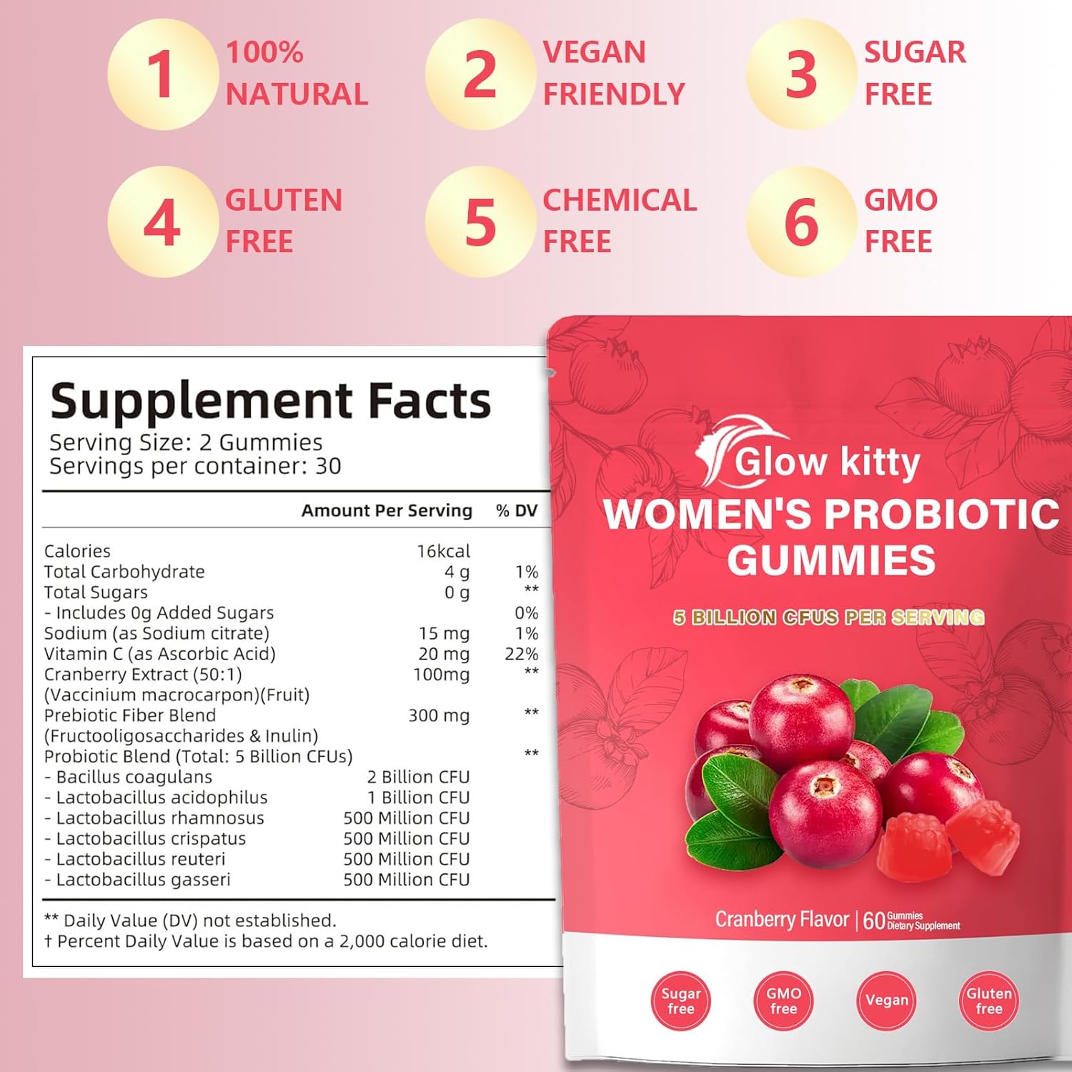Glow Kitty Women's Vaginal Probiotics, Women's Balanced pH Gummies, Healthy Smell, Yeast Balance and Flora + Vitamin C, Immune Support - Cranberry Flavor (1pc) - Image 5