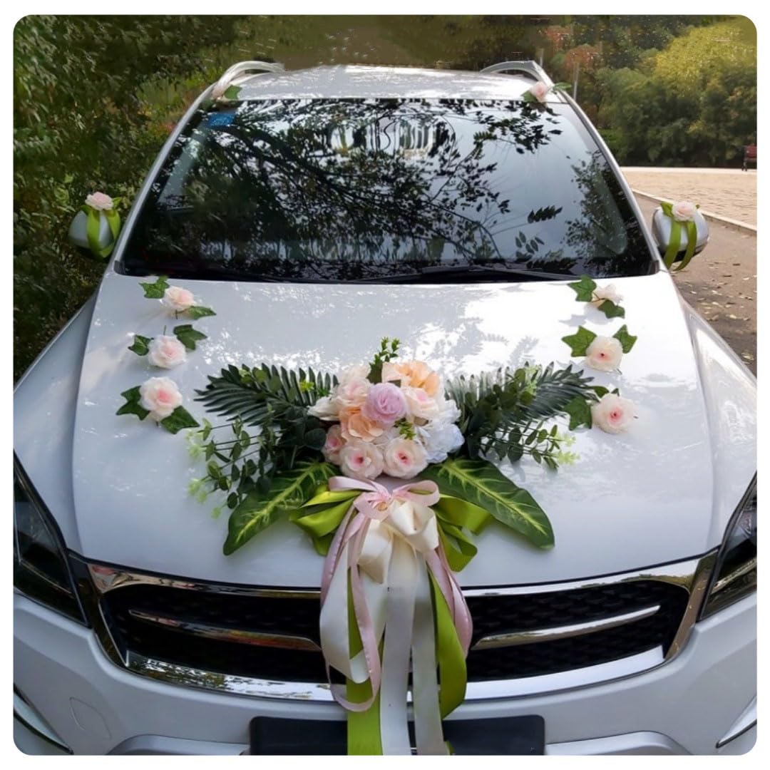 Autoschmuck Hochzeit Künstliche Seidenblume mit grüne Blätter Autoschleifen Girlande Motorhaube Autotürgriff Hochzeit Deko Blumenschmuck Hochzeitsauto Deko für Hochzeit Verlobungsfeier rosa