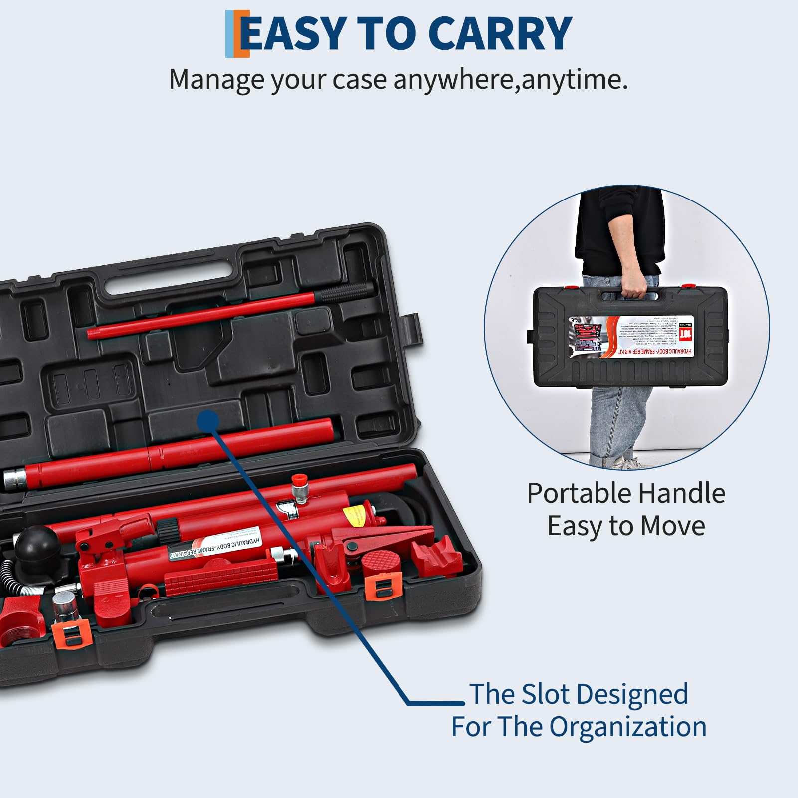 Kit Porta Power Idraulico Professionale - Per Officina, Carrozzeria e Garage Veicoli - Martinetto 10 Tonnellate, Tubo Olio 1,4m, Ram 10T, Attrezzatura Pesante e Riparazione Telaio Auto -