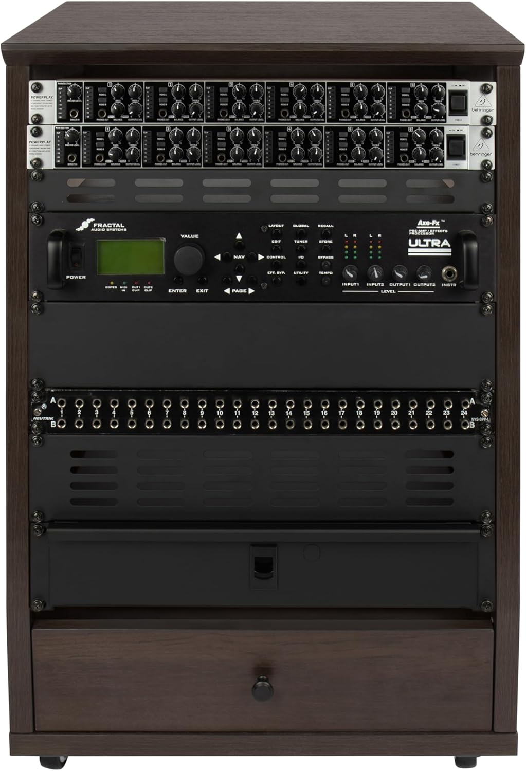 Gator Frameworks Elite Furniture Series 12U Angled Studio Rack with Locking Casters, Dark Walnut Brown Finish (GFW-ELITESTUDIORK12-BRN)