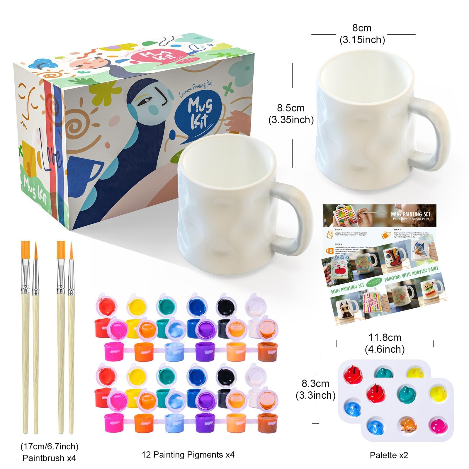 ONLYFUN Peindre la céramique - Kit de bricolage pour adultes Contient des tasses, des pinceaux, des peintures et des instructions pour peindre, Peindre des tasses, Kit créatif pour adultes