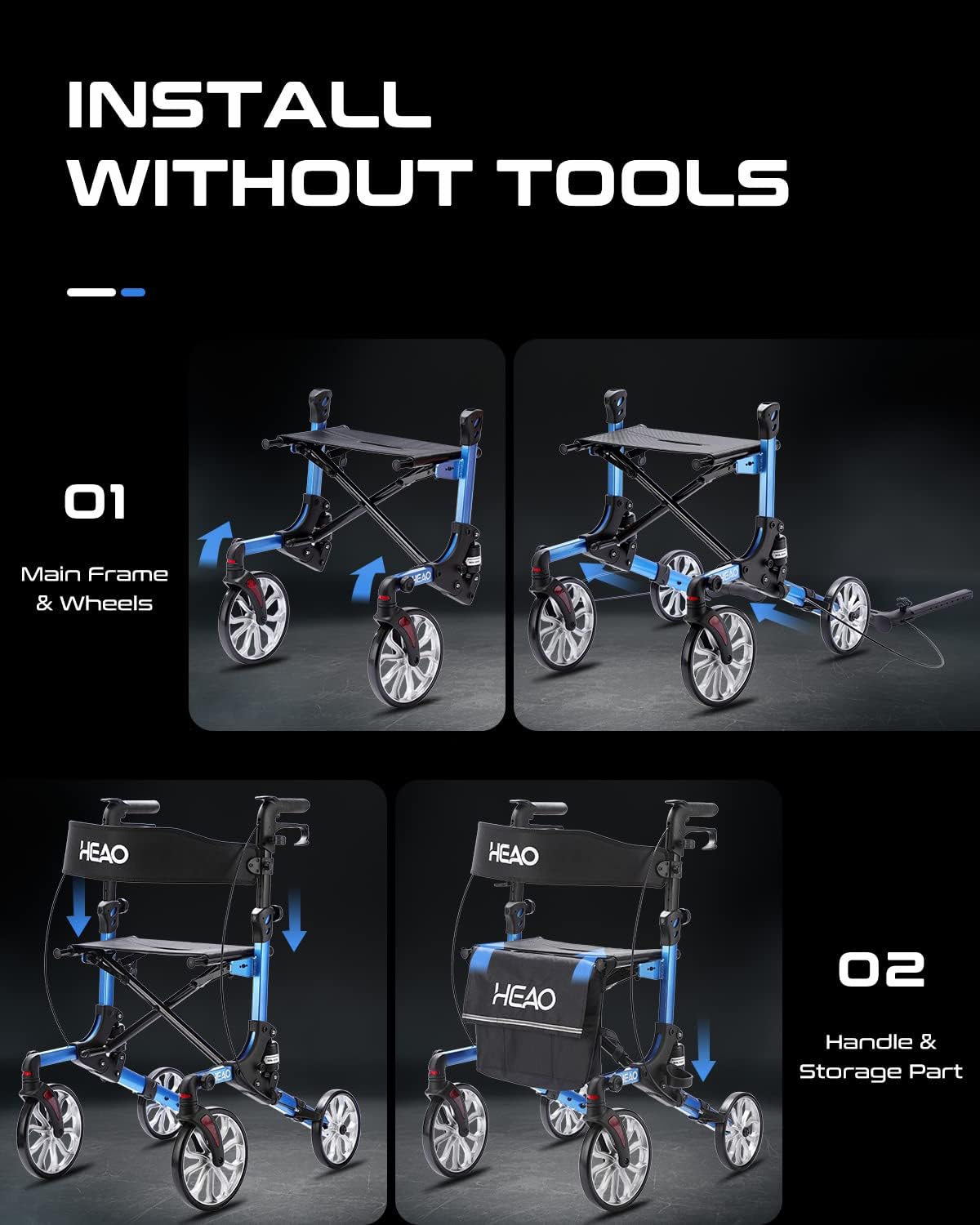 Buy HEAO Rollator Walker with Shock Absorber, Easily Folds with 10inch