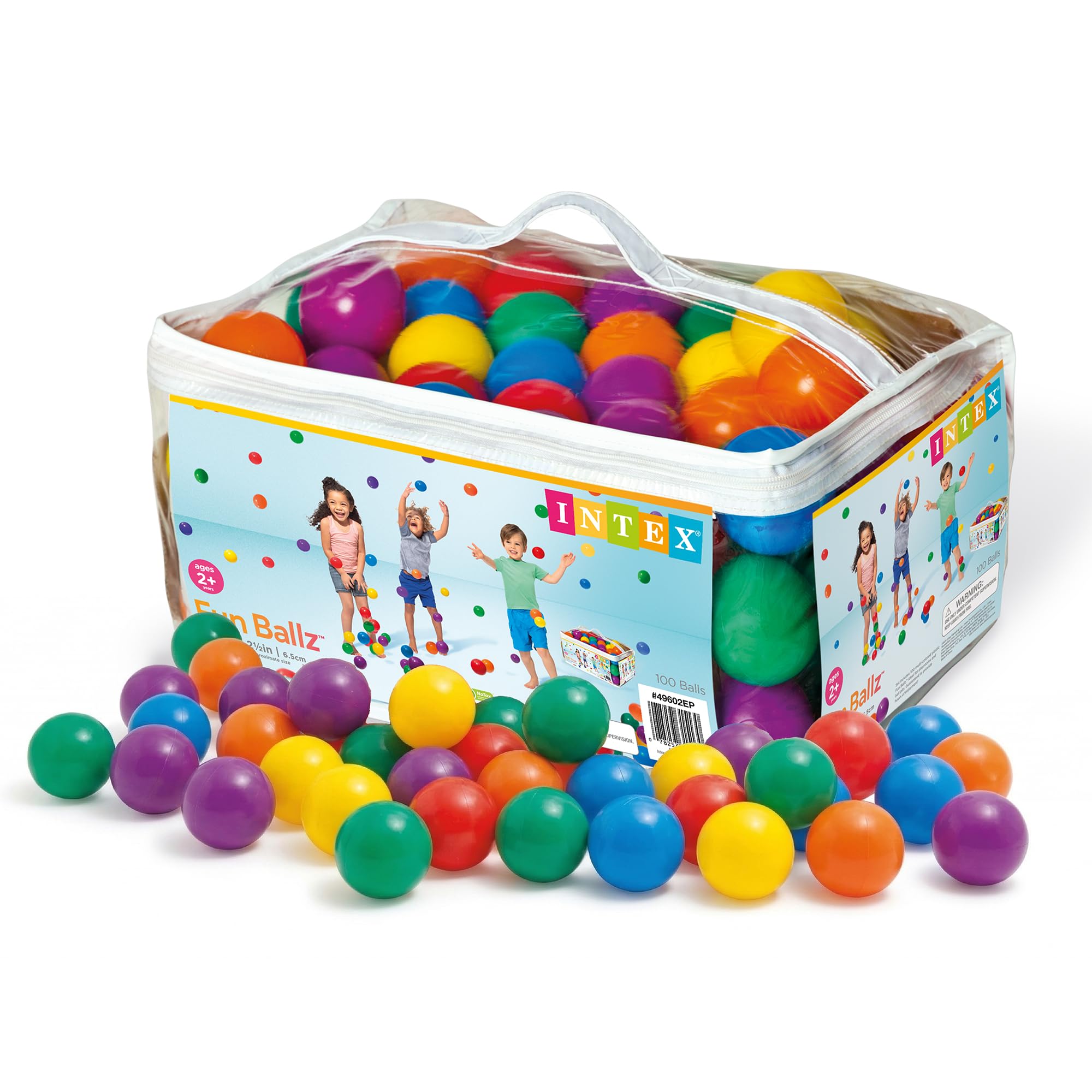 Intex Pack 100 Bolas Infantiles, Diámetro 6,5 cm, 6 Colores Surtidos, Plástico Resistente, Juego sensorial y motriz, Uso Interior y Exterior, Incluye Bolsa con asa, A Partir de 2 años (49602)