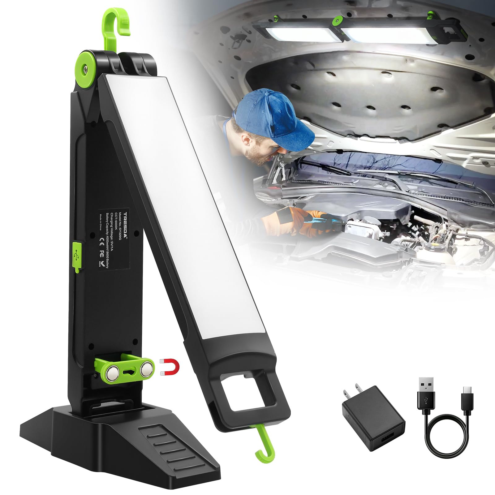 Rechargeable Work Light, 2600LM Super Bright Underhood Work Light Magnetic with Hooks and Stand, Foldable Mechanic Light Bar for Car Truck Inspection, Workshop or Garage