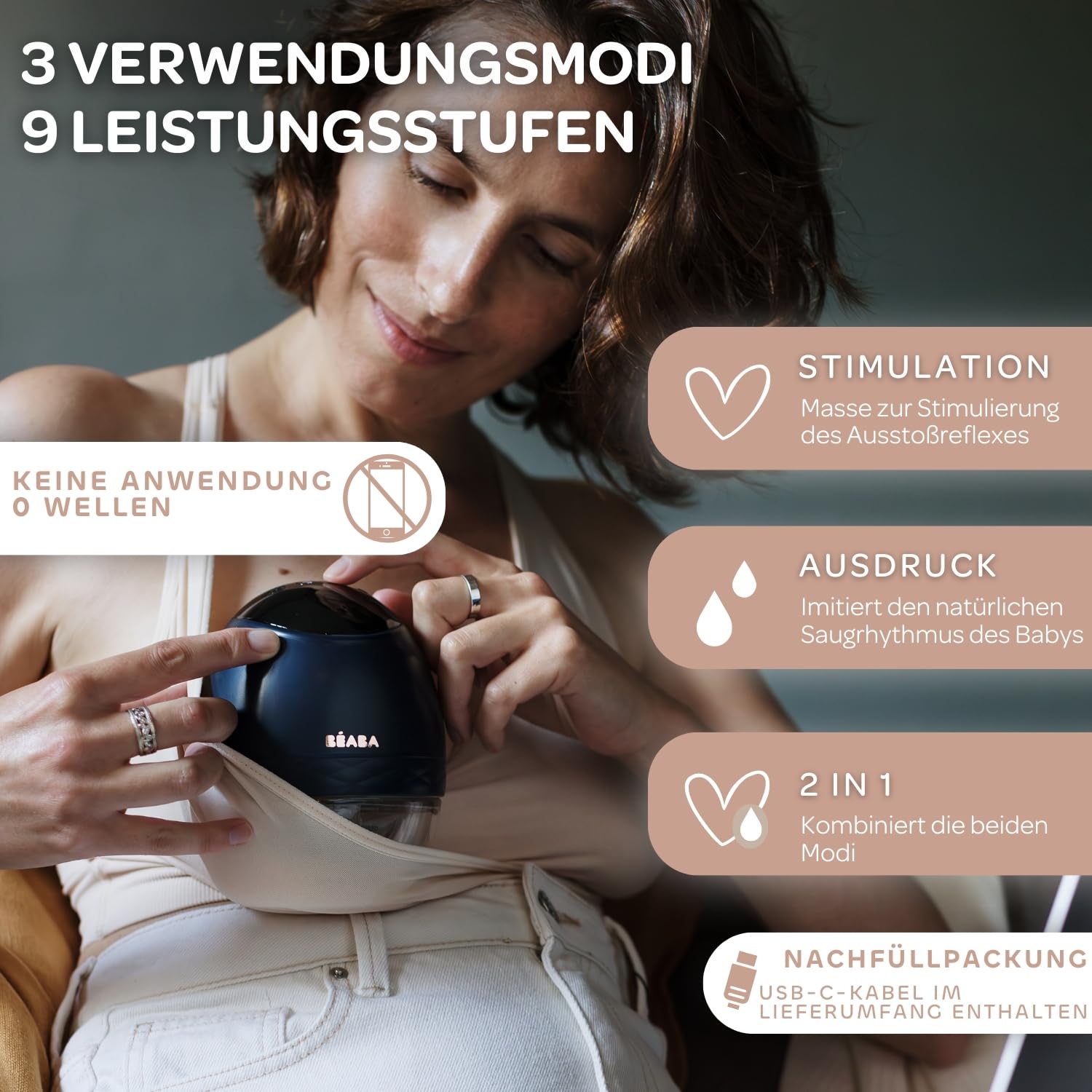 BÉABA, Elektrische freihändige Milchpumpe, Leicht, Kompakt, 3 Modi, 9 Stufen, 0 Wellen, Geräuschlos, Großes Fassungsvermögen 180mL, Timer, Memory-Funktion, 6 Sitzungen, USB C Ladegerät, Night blue