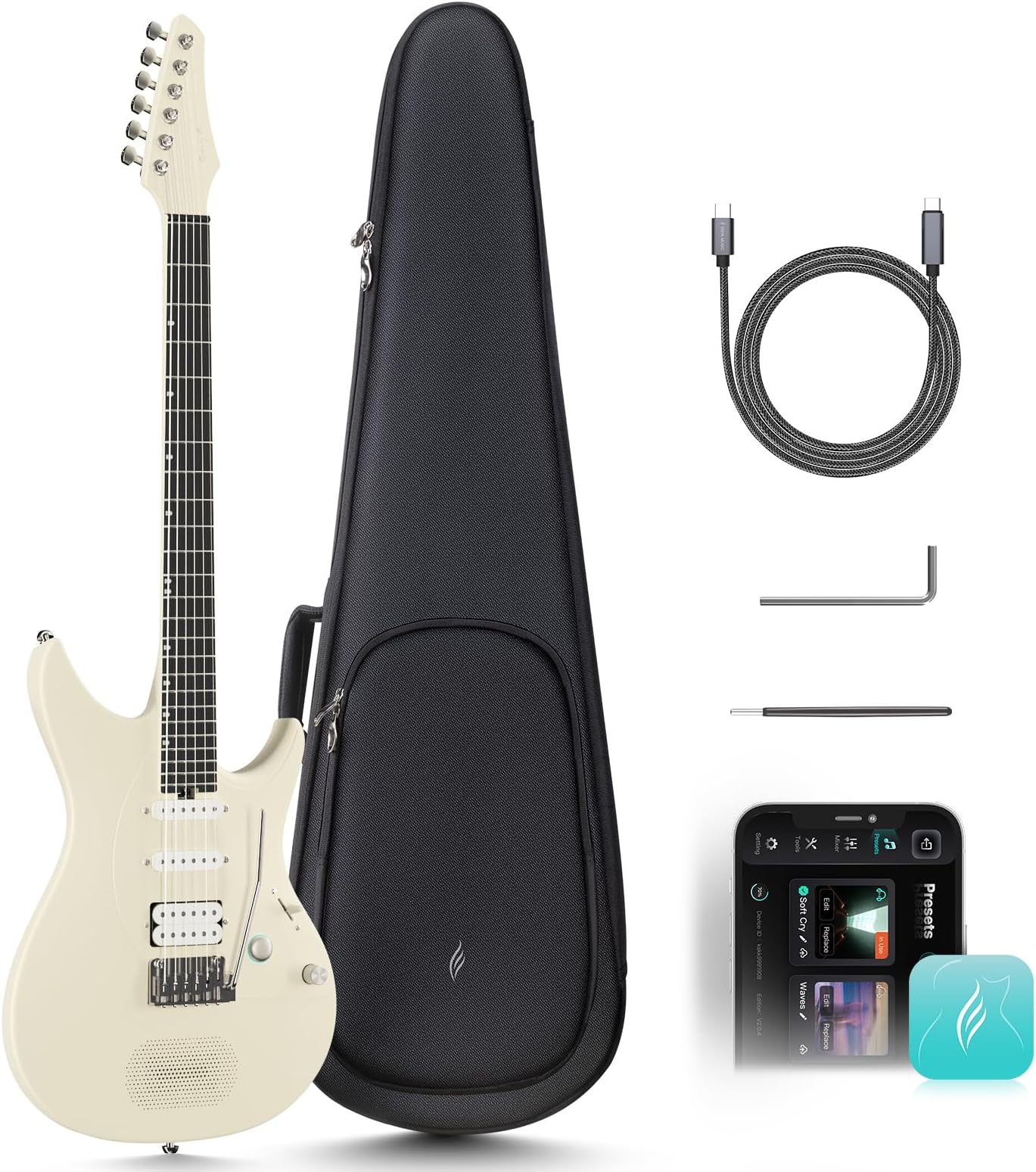 Enya Electric Guitar Inspire 39 Inch Full Size Smart Electric Carbon Fiber Guitarra with 15W Wireless Speaker, 20 Distinct Tones, Onboard Presets, Gig Bag, Charging Cable, Adjusting Wrench (Beige‌)