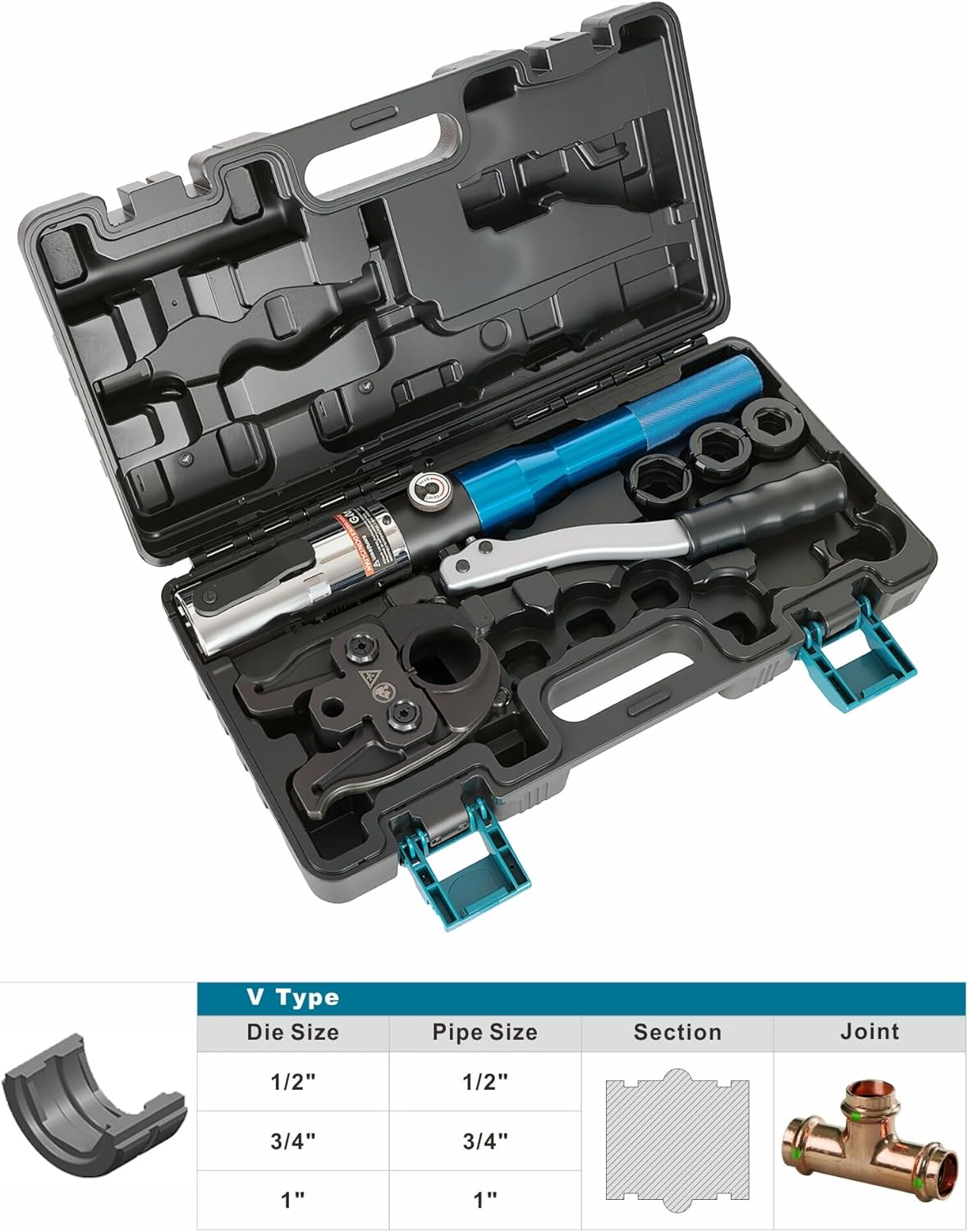 AMZCNC ProPress Tool Kit,Copper Tube Fittings Hydraulic Pipe Crimping Tool with 1/2 inch,3/4 inch and 1 inch Jaw Copper Pipe Press Crimpers Pressing Pliers,Suit for Narrow Space and Tee Fitting