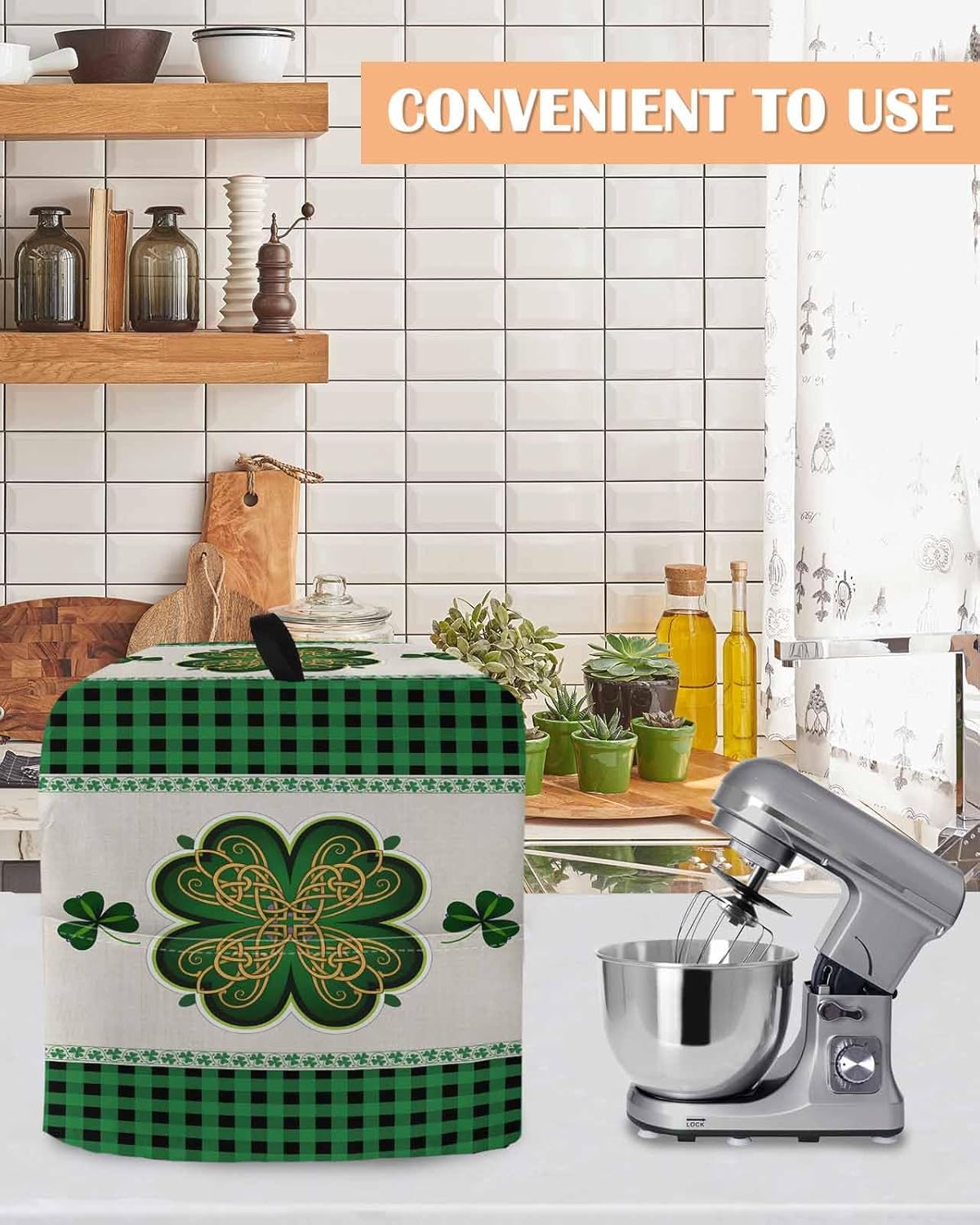 St.Patrick's Day Shamrock Stand Mixer Cover with Storage Pocket, Waterproof Kitchen Mixer Covers, Lucky Green Leaves Farmhouse Plaid Kitchen Appliance Dust Cover Compatible with 4/4.5 Quart Mixers