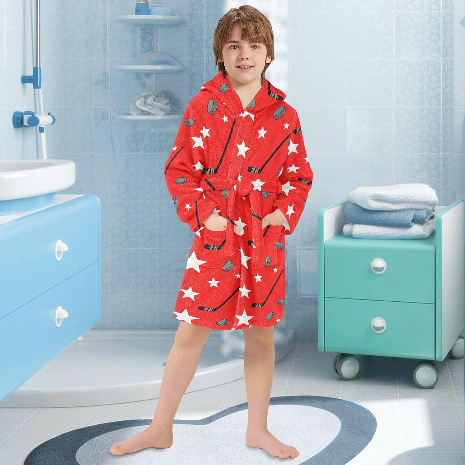 Toddler Baby Hooded Bathrobe for Boys Girls Soft Plush Bath Towel Robe with 2 Pockets for 2-12 Years