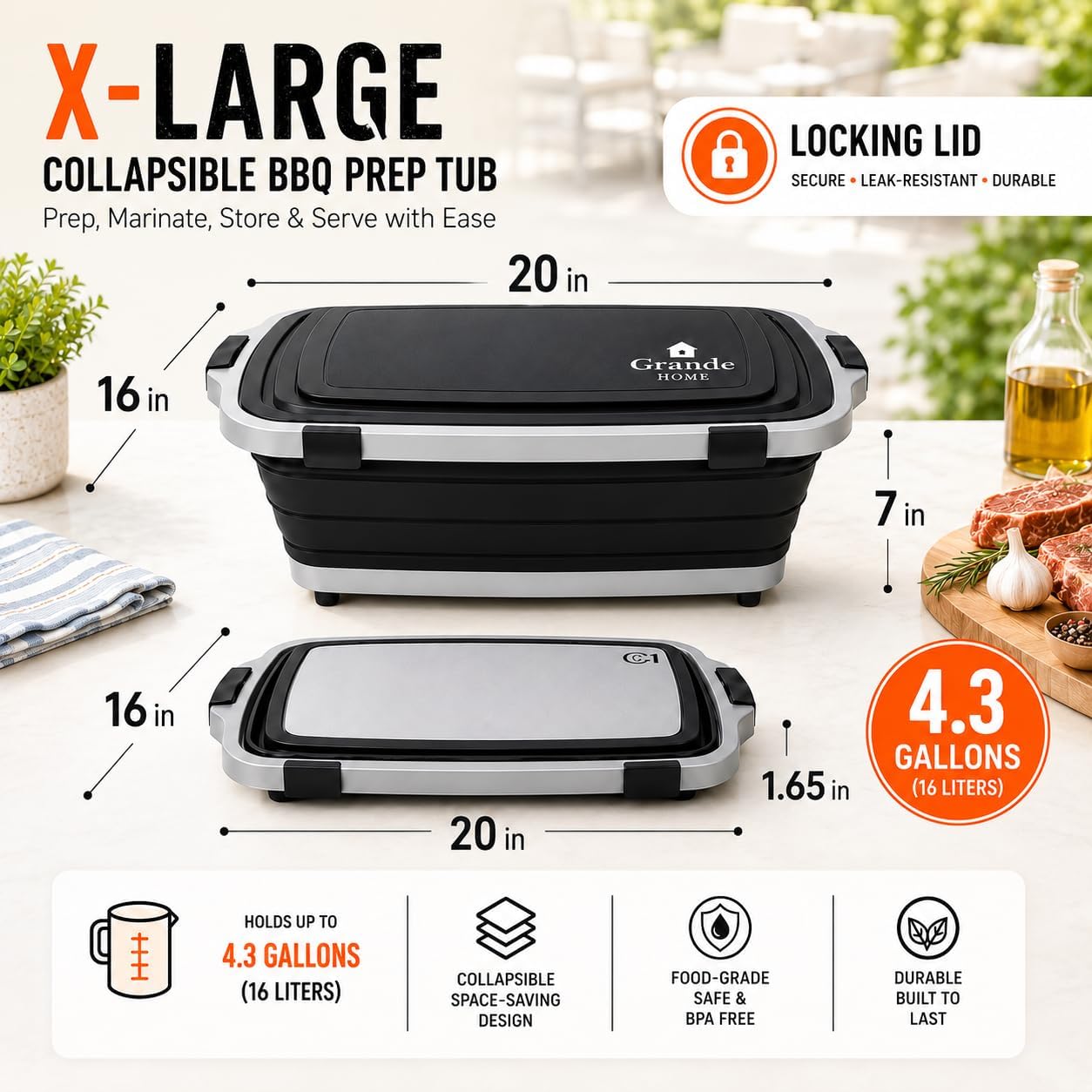 Collapsible BBQ Prep Tub with Lid and Cutting Board, XL Griling Container image 2