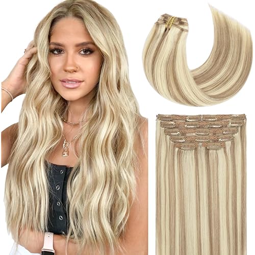 Lacer Clip in Hair Extensions Real Human Hair Thick Straight Hair Light Brown Highlights Platinum Blonde Remy Human Hair Clip in Extensions 120 Gram 7pcs 16 Inch