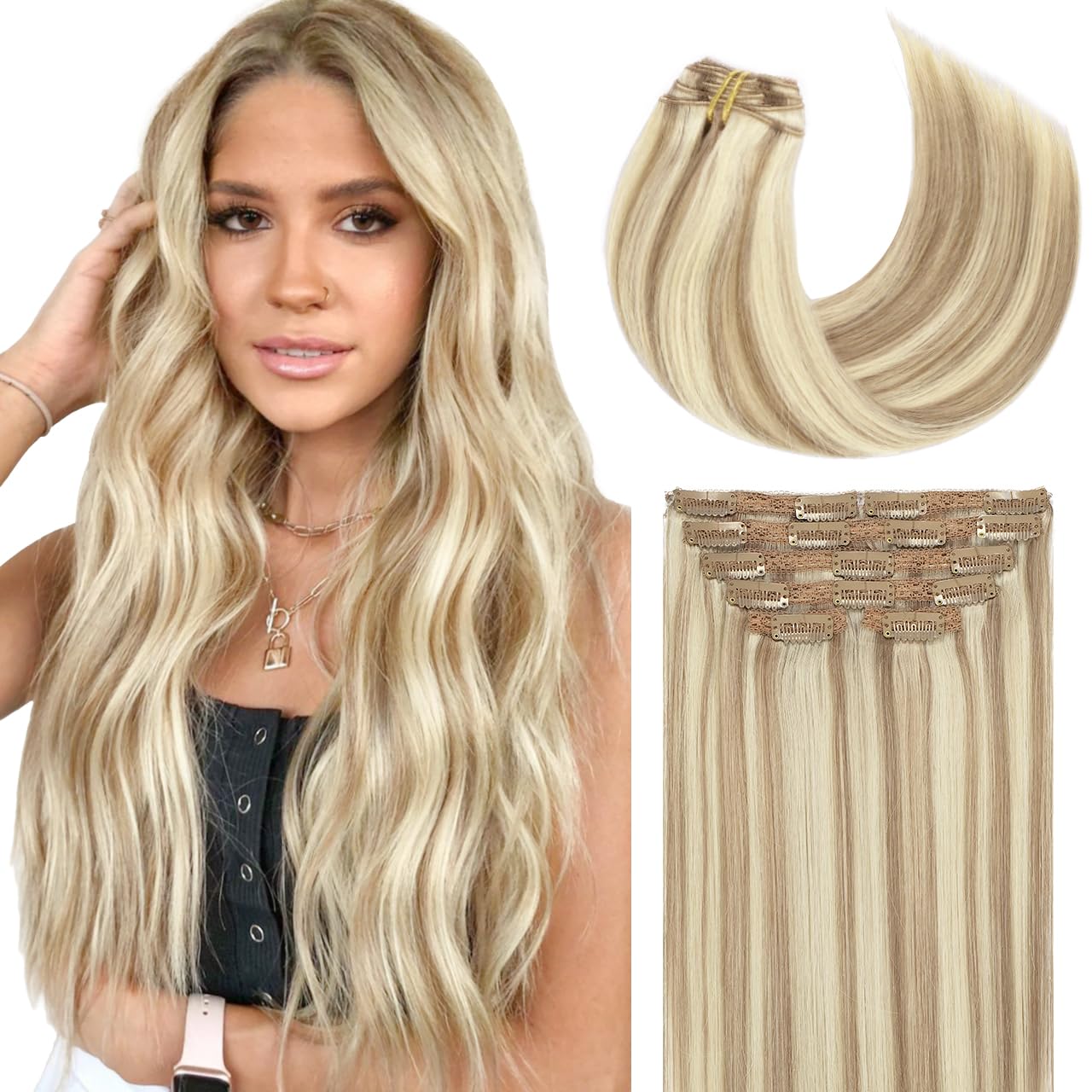 Lacer Hair Clip In Hair Extensions Real Human Hair Light Brown Highlighted Platinum Blonde Color Thick Silky Straight Remy Hair Clip In Extensions 7