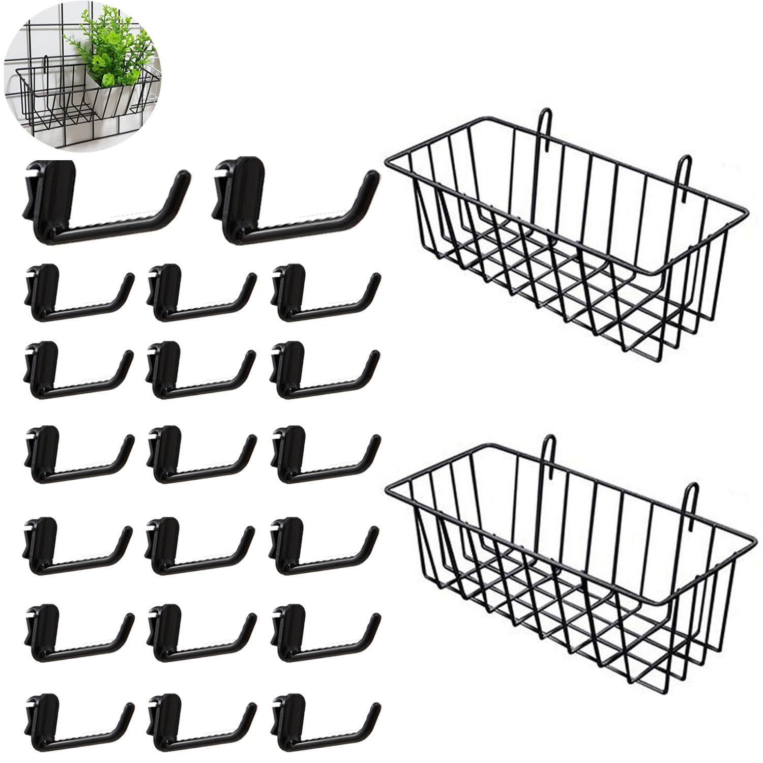 UtySty 2 Pack Grid Panels Hanging Wire Basket Storage with Plastic Hooks for Gridwall Display Stand Wire Rack Wall Photo Grid Shelf Commercial Shop Retail Art Fair