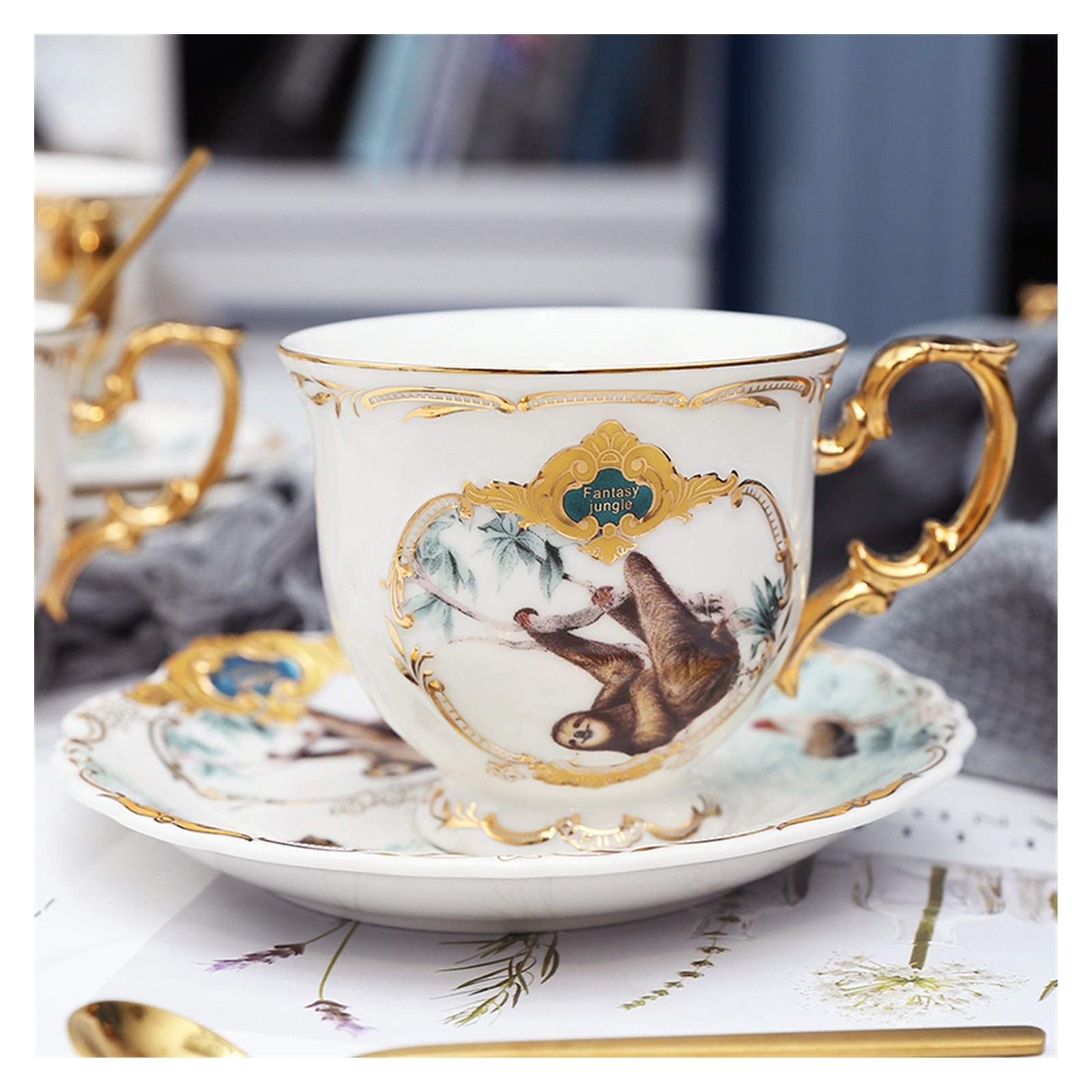 QSCTYG Cup And Saucer Set Porcelain Coffee Cup Set Jungle Animal Coffee Cup And Saucer Bird Monkey Style Gold Bone China Tea Cup 49 (Color : 01) - Image 6