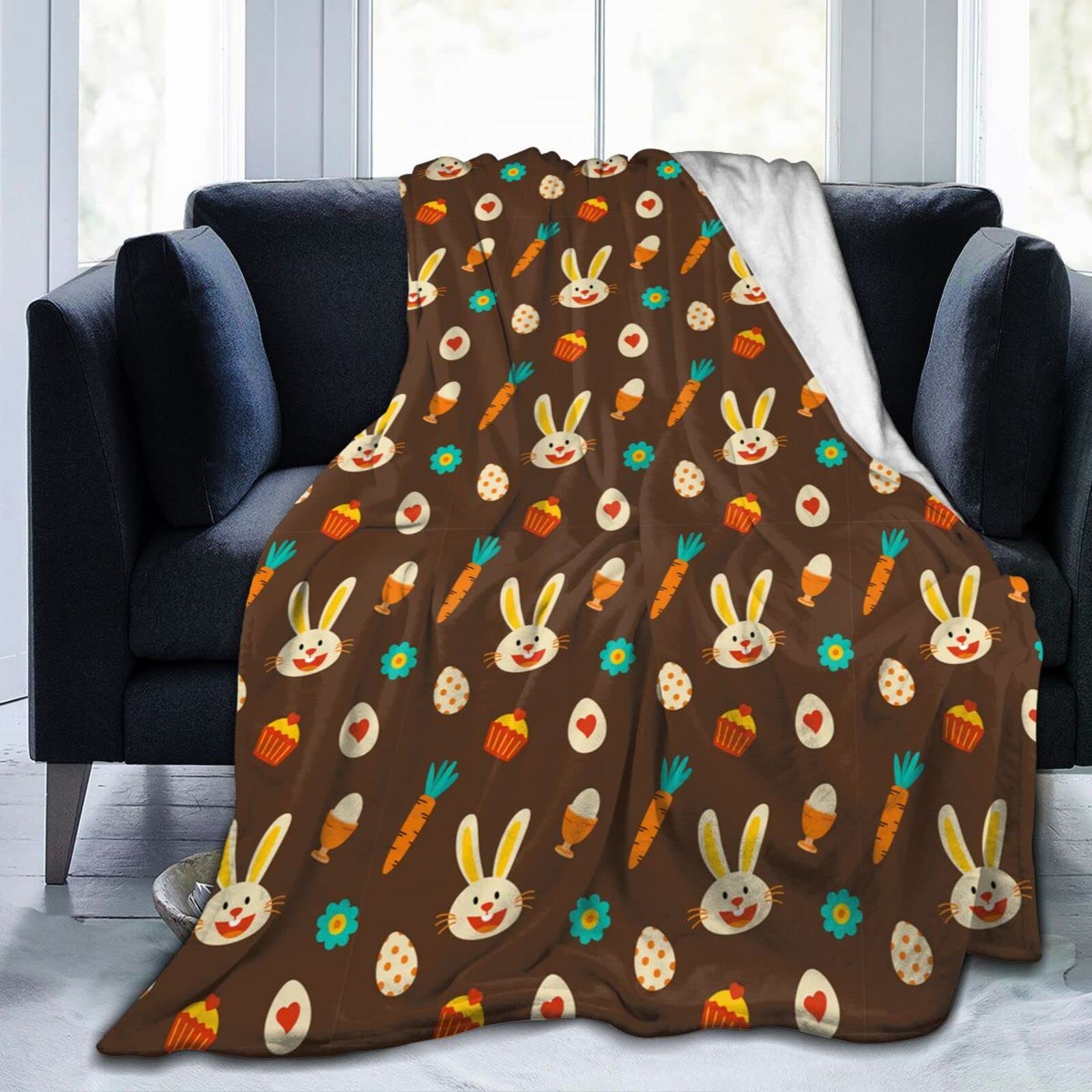 Lsjuee Cute Easter Bunny with Carrot Throw Blanket Warm Cozy Lightweight Blankets Easter Rabbit Flannel Blanket for Sofa Couch Bed Office Holiday Decorative 50"X40"