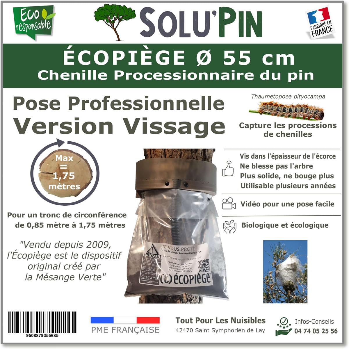 Piège Chenille Processionnaire du Pin – pour Tronc Jusqu’à 1,75 m – Kit Complet Écopiège Professionnel SoluPin Ø 55 cm à Vissage – Cerclage Réutilisable sans Insecticide – Conçu et Fabriqué en France