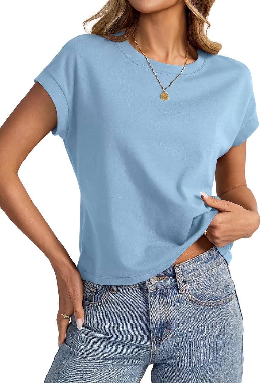 Womens Cap Sleeve Crop Tops Cotton T Shirts Crewneck Loose Fit Short Sleeves Tee Su...