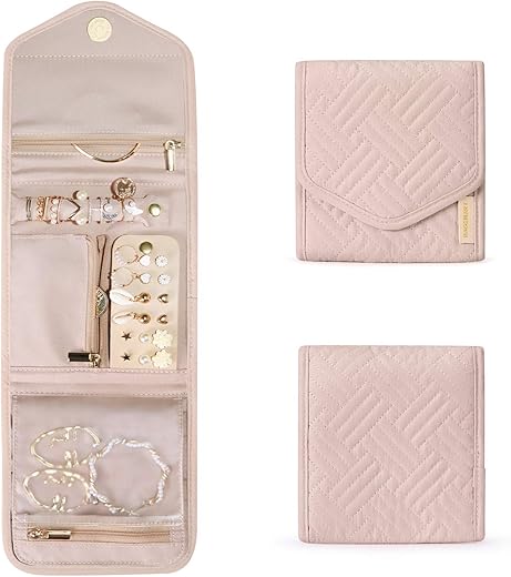 BAGSMART Travel Jewelry Organizer Case Foldable Jewelry Roll for Journey-Rings, Necklaces, Earrings, Bracelets,Mini,Soft Pink