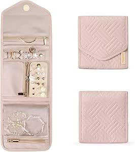 BAGSMART Travel Jewelry Organizer Case Foldable Jewelry Roll for Journey Rings, Necklaces, Earrings, Bracelets,Mini,Soft Pink