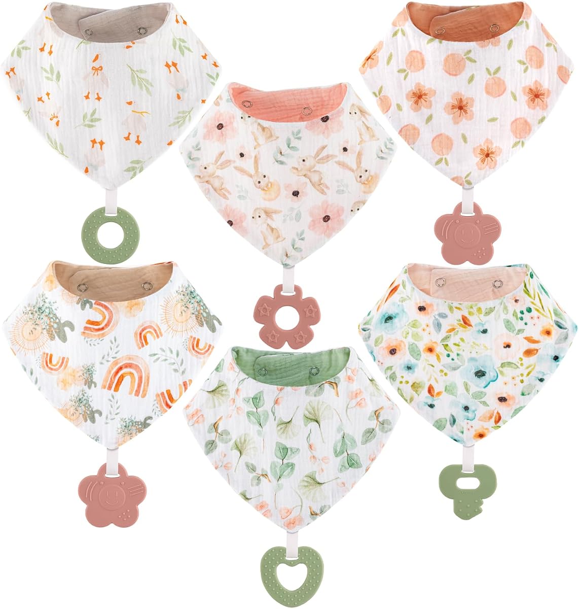 Baberos bandana para bebé, paquete de 6 y juguetes para la dentición, paquete de 6, fabricados con algodón 100% orgánico, absorbente y suave, unisex