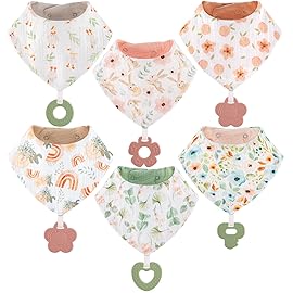 Muslin Baby bibs 6-Pack and Teething Toys 6-Pack Made with 100% Organic Cotton, Absorbent and Soft For Baby girl