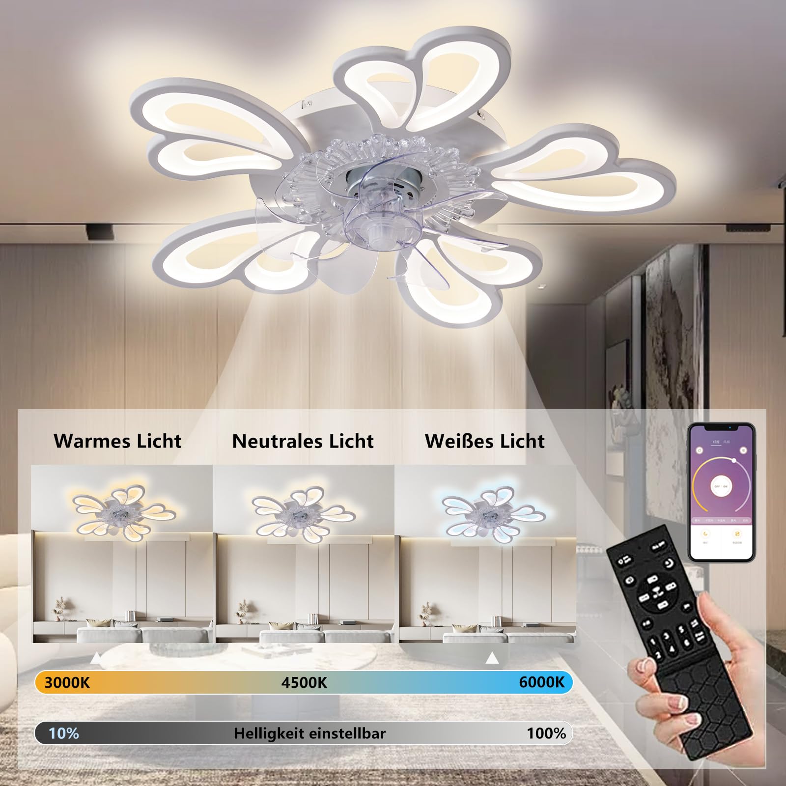 MiiR Leise Deckenventilator Mit Beleuchtung, LED 50W Dimmbare Deckenlampe Mit Ventilator Mit Fernbedienung Und APP, 6-stufige Windgeschwindigkeit Deckenleuchte Für Schlafzimmer Wohnzimmer Lampe