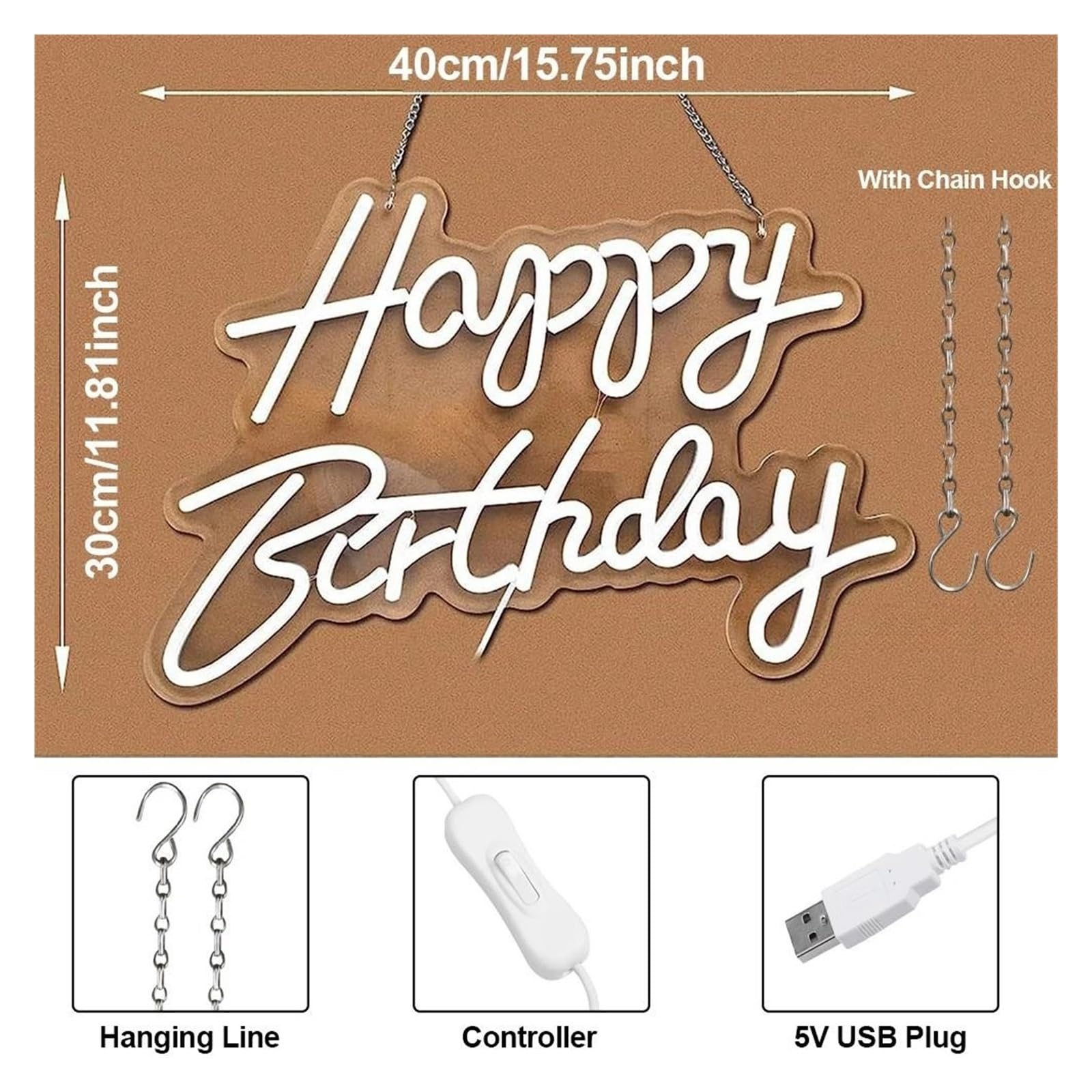 Wiszące neony artystyczne Happy Birthday Neonowe Światło LED Z Możliwością Przyciemniania Zasilane Przez USB Do Dekoracji Ściennej Na Przyjęcie Urodzinowe Podświetlane 40cmx30cm(Warm White)