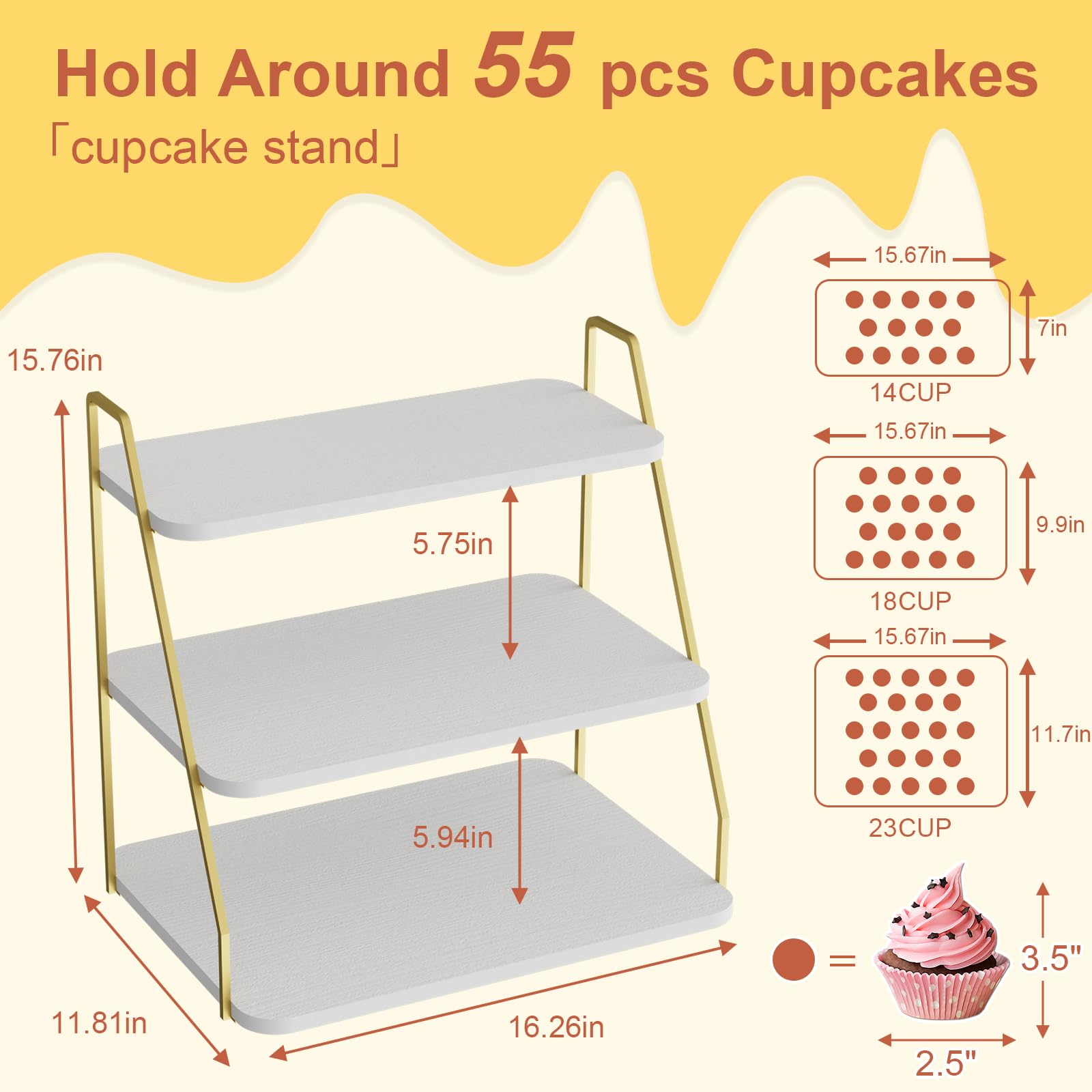 VyGrow Cupcake-Stand, 3-Stock-Dessertstand für 55 Cupcakes, Holz- und Metall-Turm-Display, Premium-Träger Dessertbaum-Turm für Weihnachten, Hochzeits- und Partydekoration, Weiß und Gold