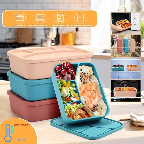 Miniatura 3 de FoldTier Caja Bento de silicona de 3 piezas, multicolor, 4 compartimentos, contenedor de almuerzo reutilizable de silicona para niños y niñas