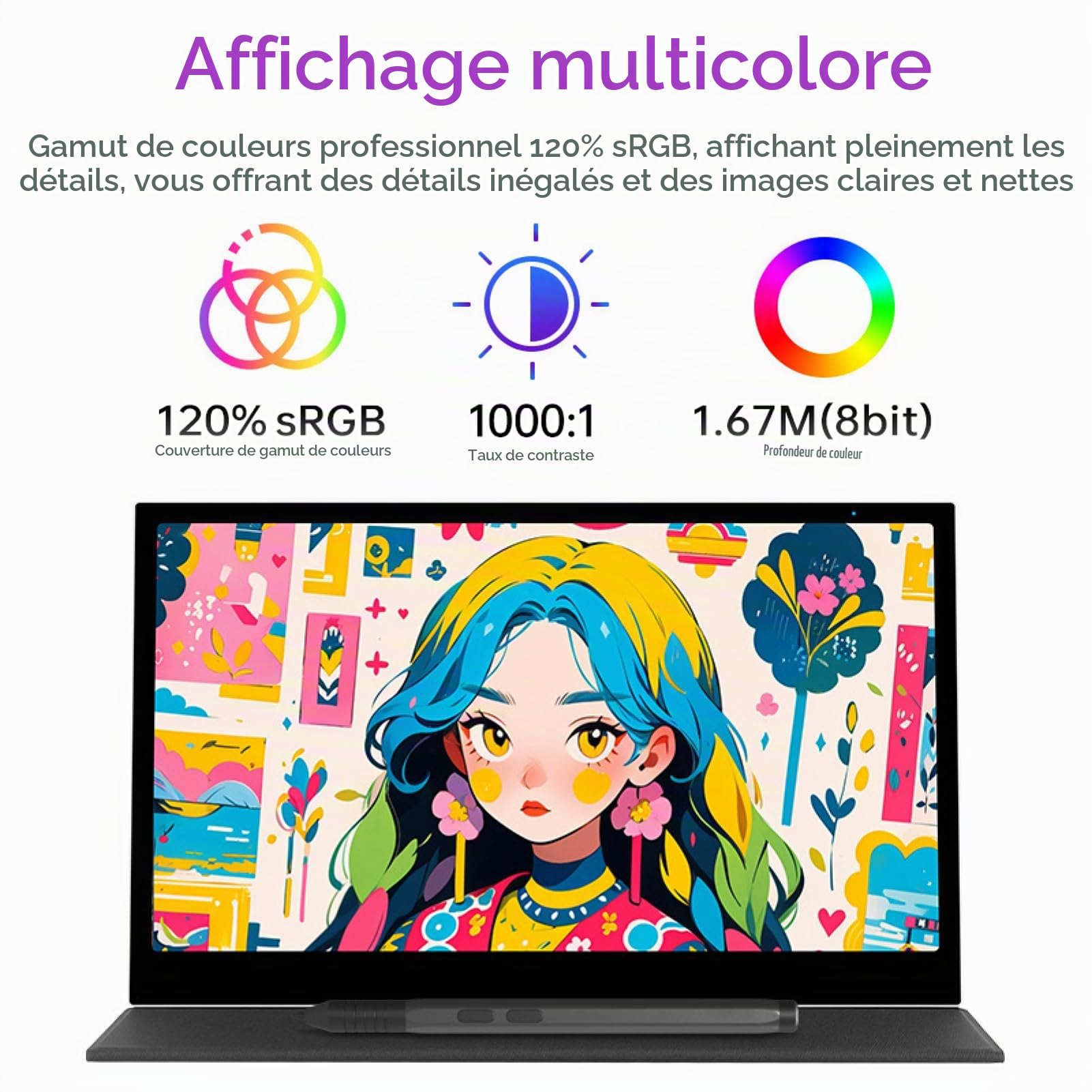 Tablette Graphique avec Écran 15,6 Pouces, 16384 Niveaux de Pression