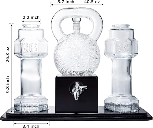 Vista 4 de Juego de dispensador de cerveza con pesas rusas y mancuernas, whisky y vino, decantador de 40 onzas y vasos de 26 onzas, gran regalo