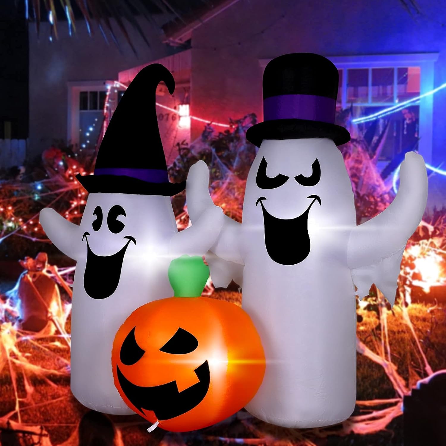 MorTime 4.3 FT Halloween Inflatable Two Ghosts with Pumpkin, Lighted Blow Up Ghosts Yard Prop with Blue Witch Hat Halloween Decorations for Outdoor Yard Lawn Garden Party Decor : Patio, Lawn & Garden