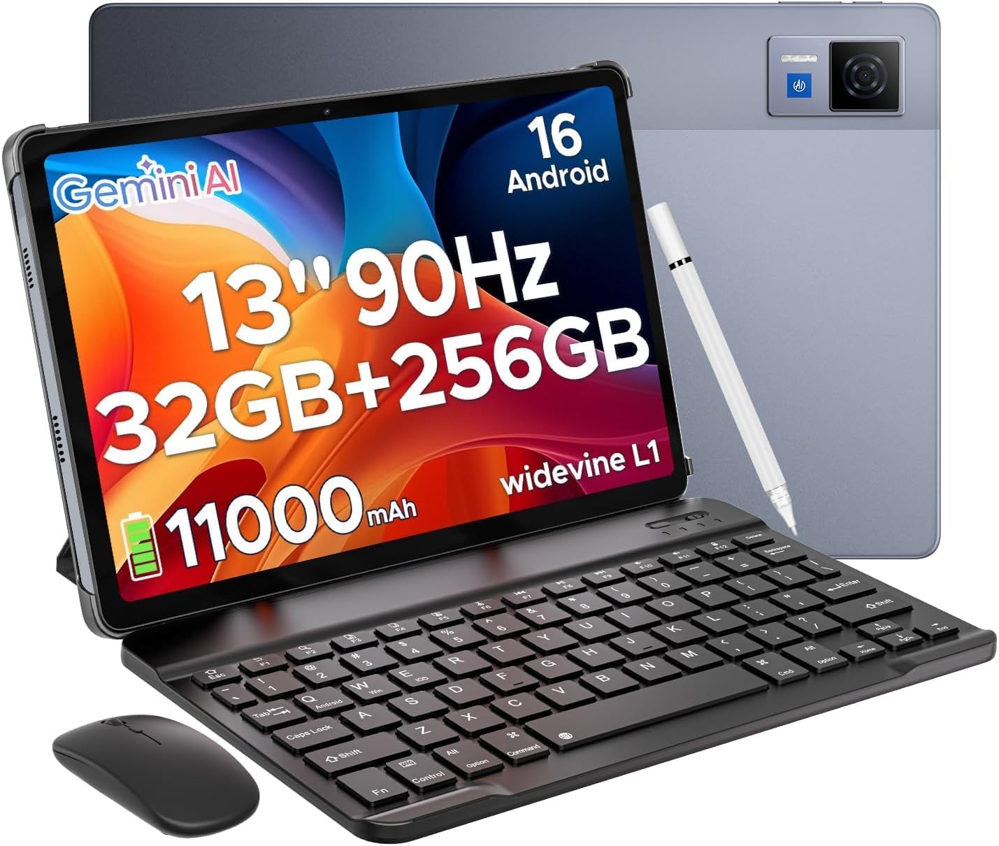U13 Android 16 Tablet with Keyboard,13 inch Tablet with 7.9mm Ultra Thin,Gemini AI, 32GB+256GB, 11000mAh/18W, Octa Core Gaming Tablets,13MP+5MP,WiFi 5,Quad Speakers/Face ID/Widevine L1/FM,Gray