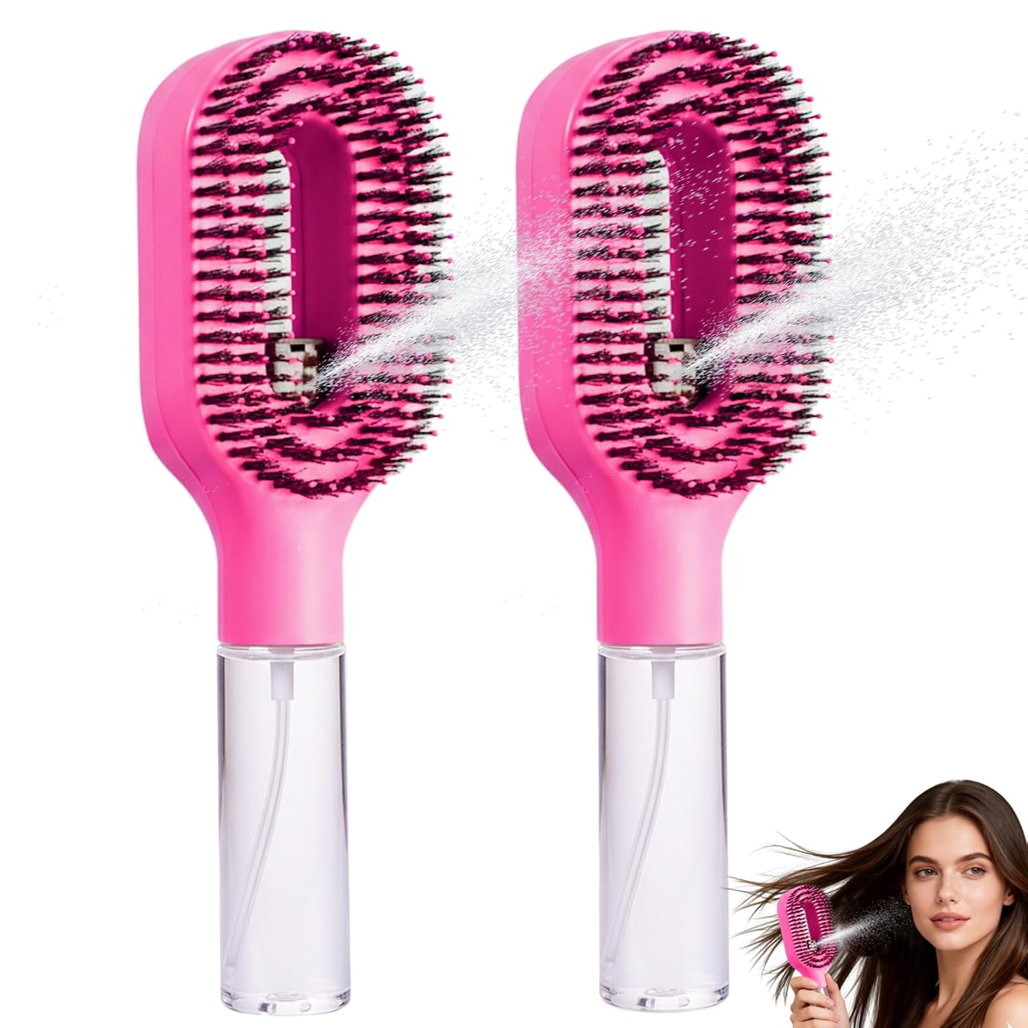 Hair Brush with Water Spray Mister - 2-in-1 Detangling Brush with Built-in Fine Mist, Portable Wet & Dry Styling Tool for Smooth, Frizz-Free Hair - Quick Refresh for Women & Girls(2 Rose Pink)