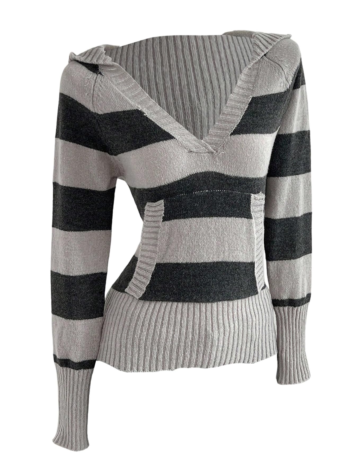 Womens Striped Sweaters Hooded V Neck Fitted Jumper Long Sleeve Pullover Tops 2000s Fall Outfits