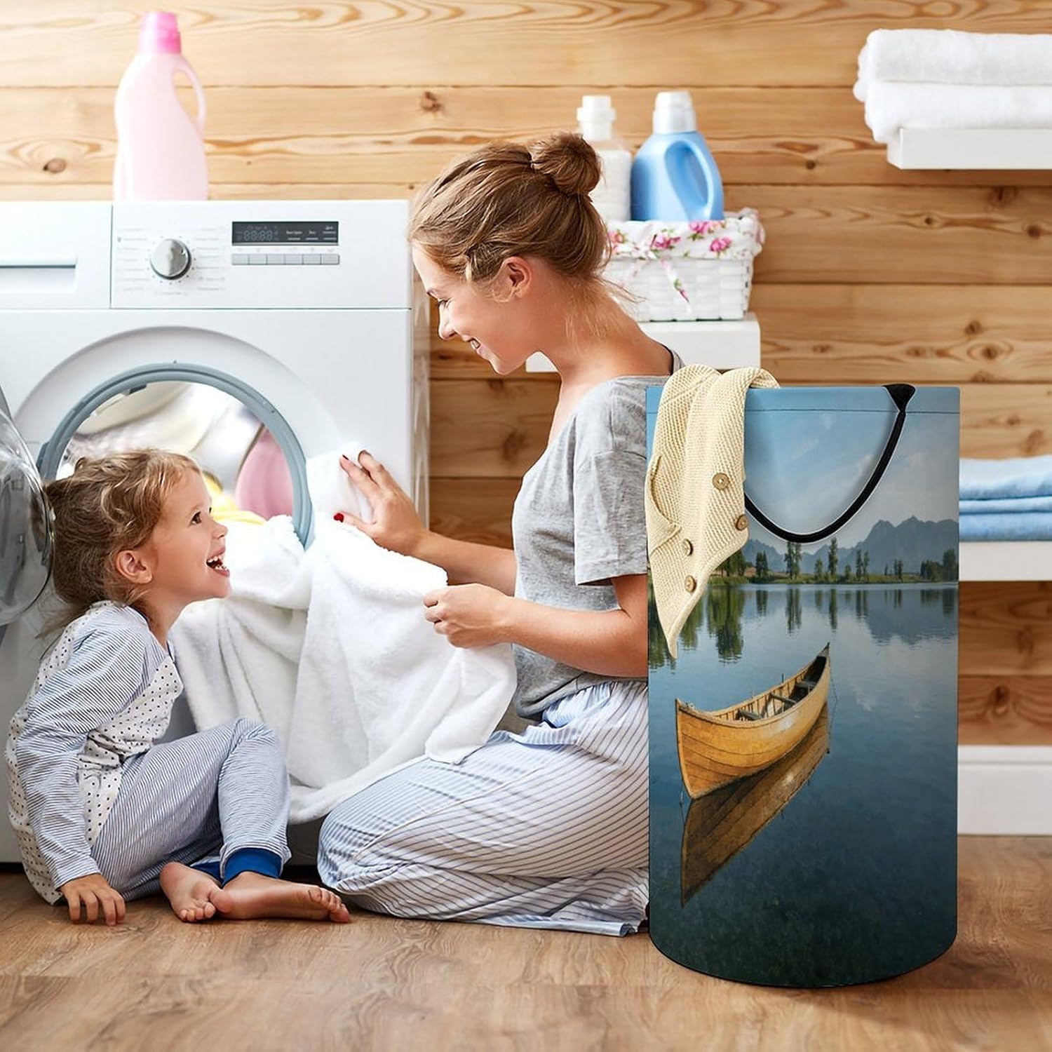 Canoe Lake Laundry Hamper 86L Waterproof Collapsible Clothes Basket with Double Handles Freestanding Foldable Laundry Basket Large Clothes Hamper for Bathroom