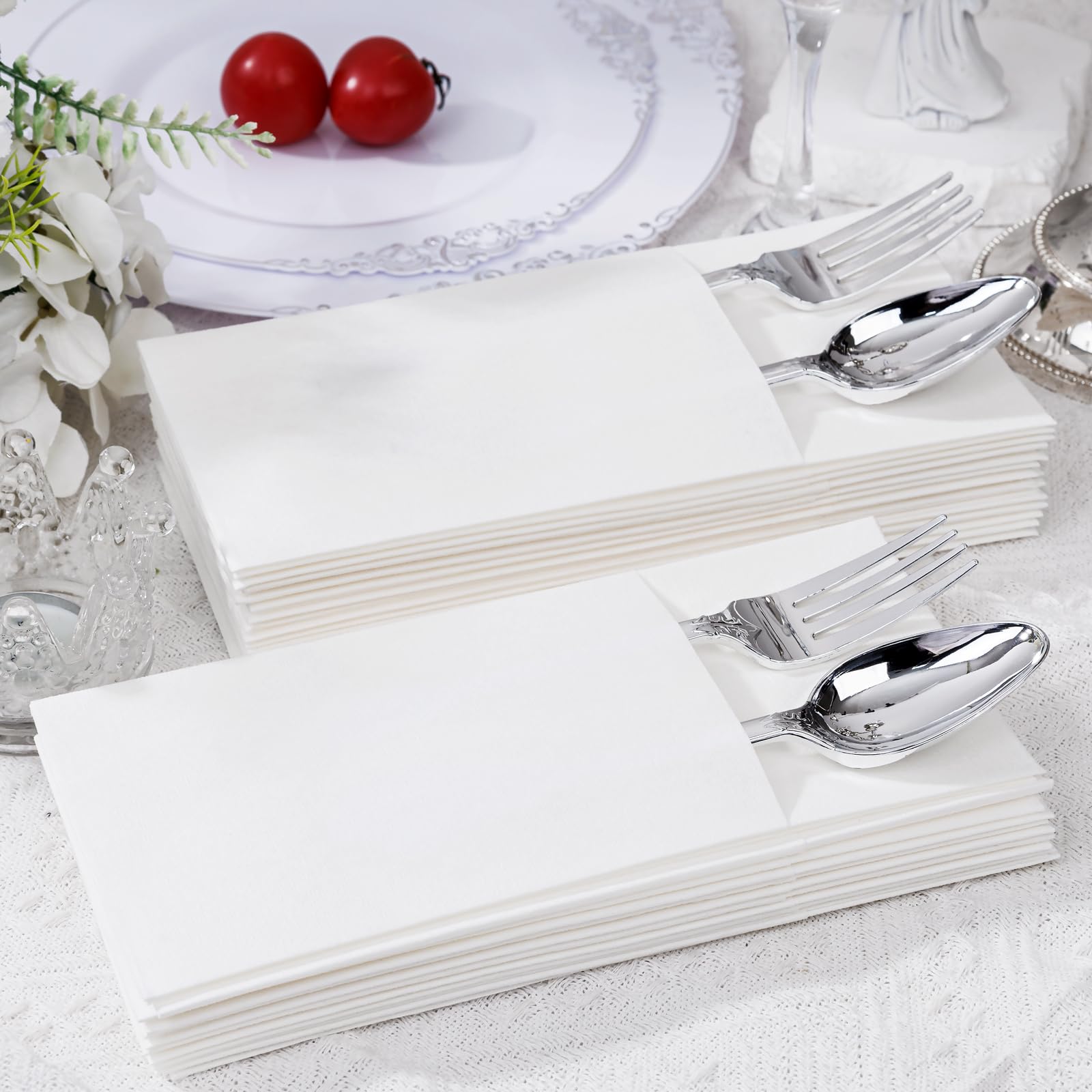 200 servilletas de papel blanco con bolsillo integrado para cubiertos, servilletas desechables preplegadas similares a la tela, servilletas de cena resistentes con tacto de lino para fiestas,