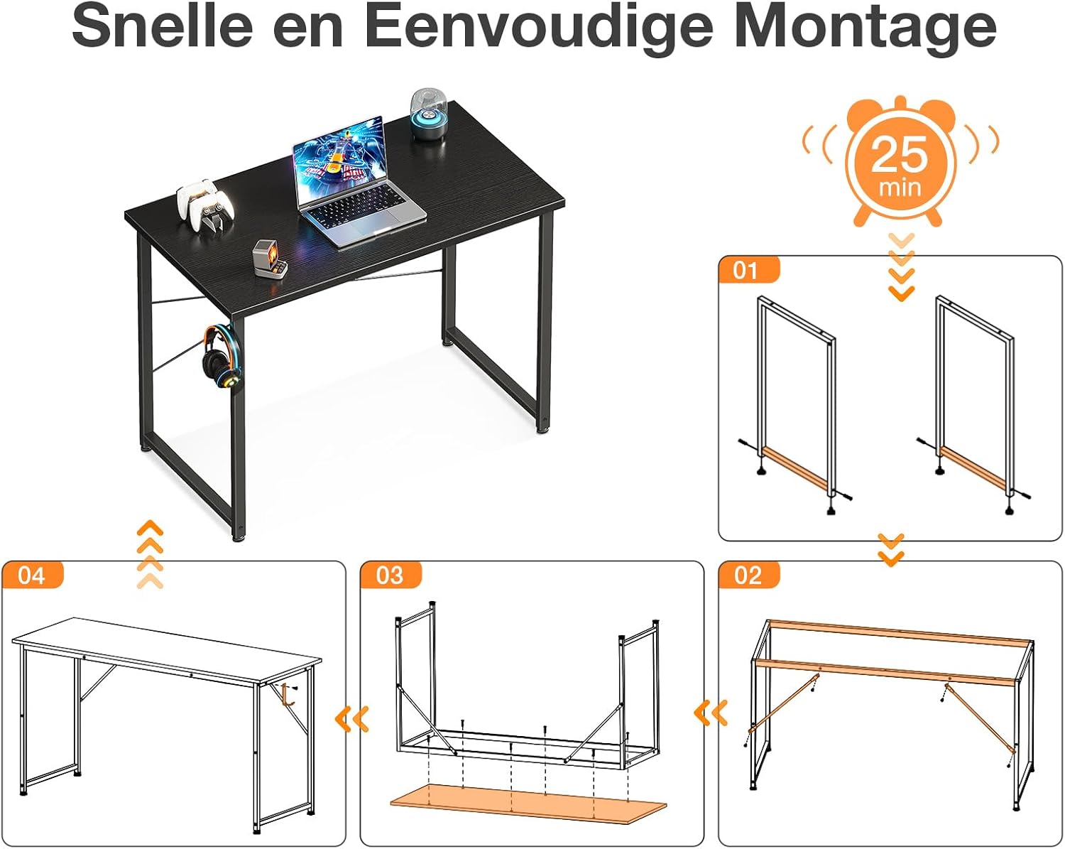 Diagram showing four steps for assembling the ODK computer desk, including attaching leg frames, crossbars, and the desktop.