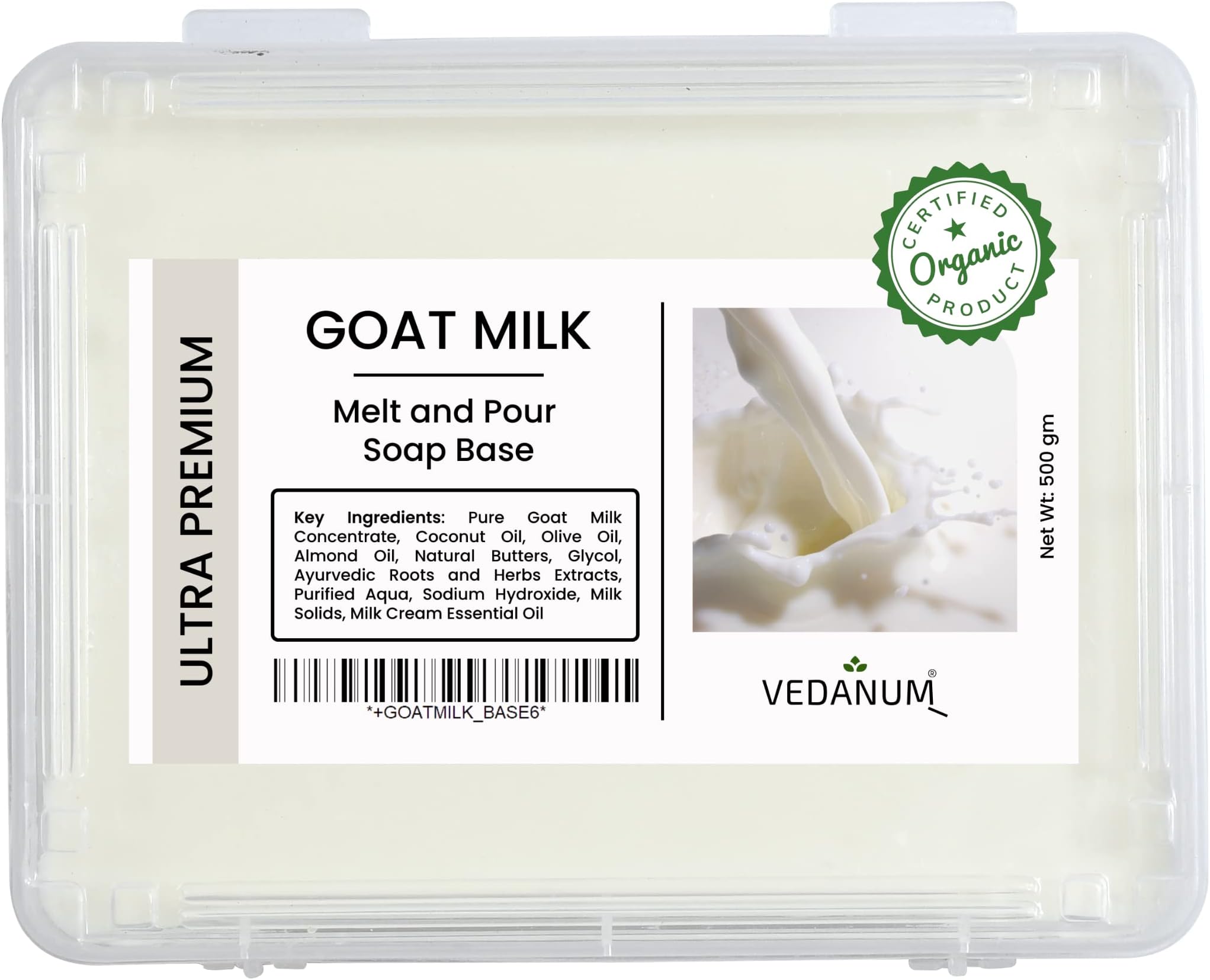 Vedanum Melt and Pour Soap Base Goat Milk Ultra Premium 500 g Pack of 1 SLES SLS Paraben Free Organic Vegan Ingredients Pure & Lab Tested