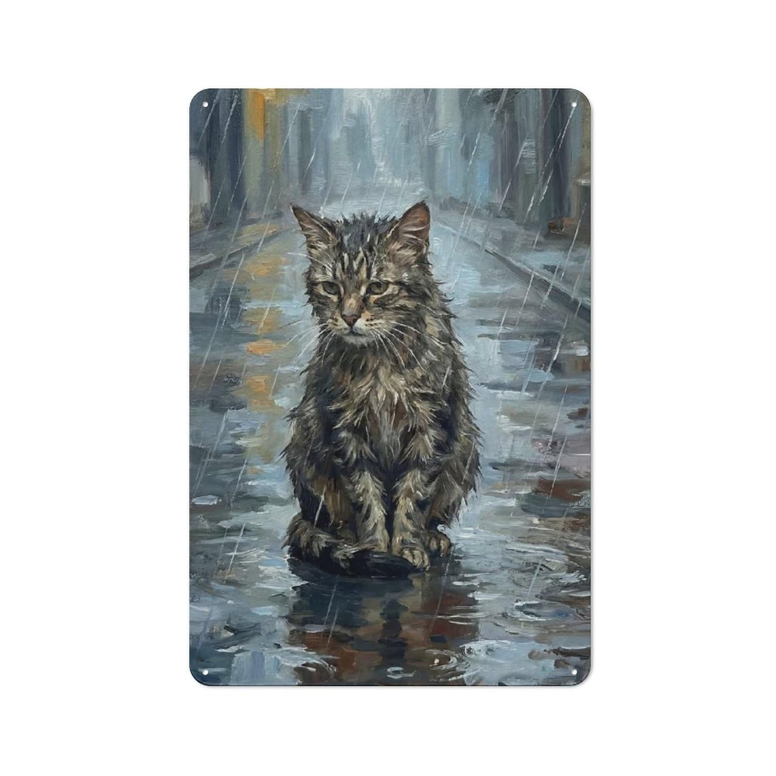 Junmoney Style-6 Kitchen Metal Sign With Sad Cat In The Rain Design 30X20cm, Cosy Kitchen Wall Decor For Coffee Bar, Kitchen, Bistro Or Tea Corner